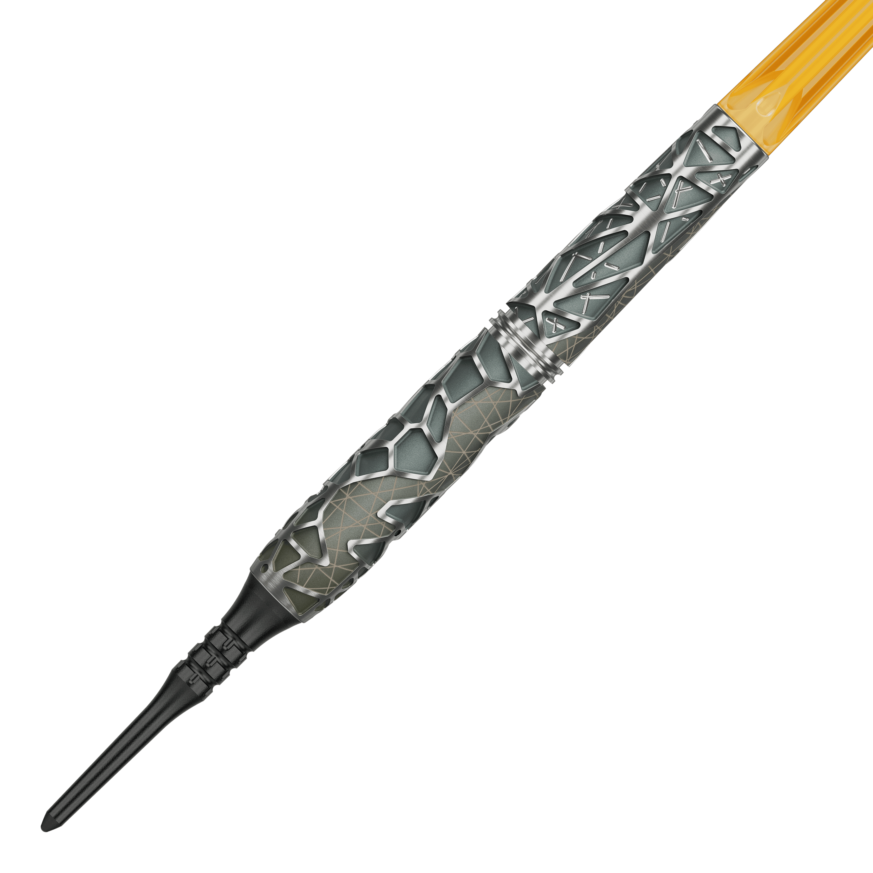 Das Bild zeigt den Target Elysian 10 Limited Edition Softdart mit 20 Gramm Gewicht. Der Dart hat ein auffälliges, modernes Design mit silbernen und grauen Elementen.