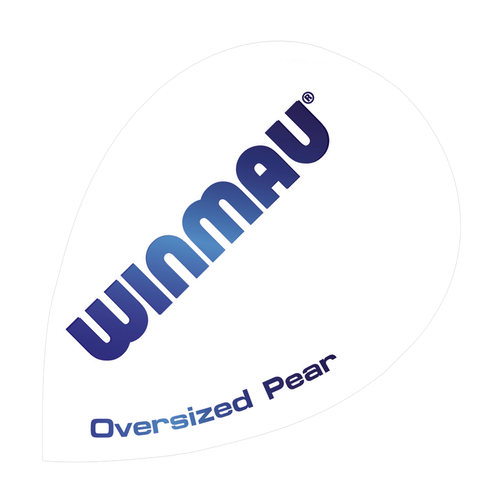 Das Bild zeigt ein Winmau Steve Beaton Oversized Pear Flight für Dartpfeile. Das Flight ist weiß mit blauer Aufschrift „WINMAU“ und „Oversized Pear“.