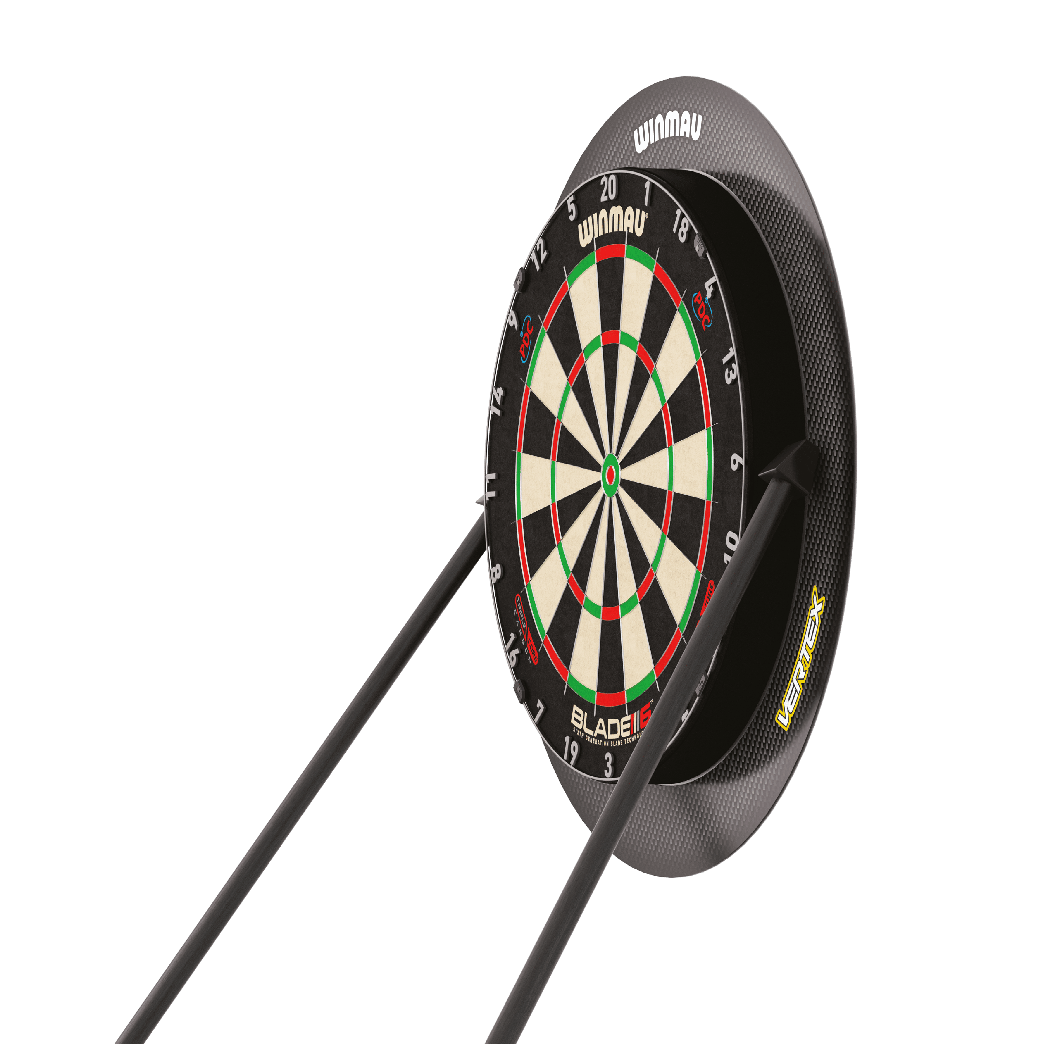 Das Bild zeigt den Winmau Vertex Dartboard Ständer mit einer befestigten Dartscheibe. Der Ständer hat ein modernes Design und stabile Stützbeine.