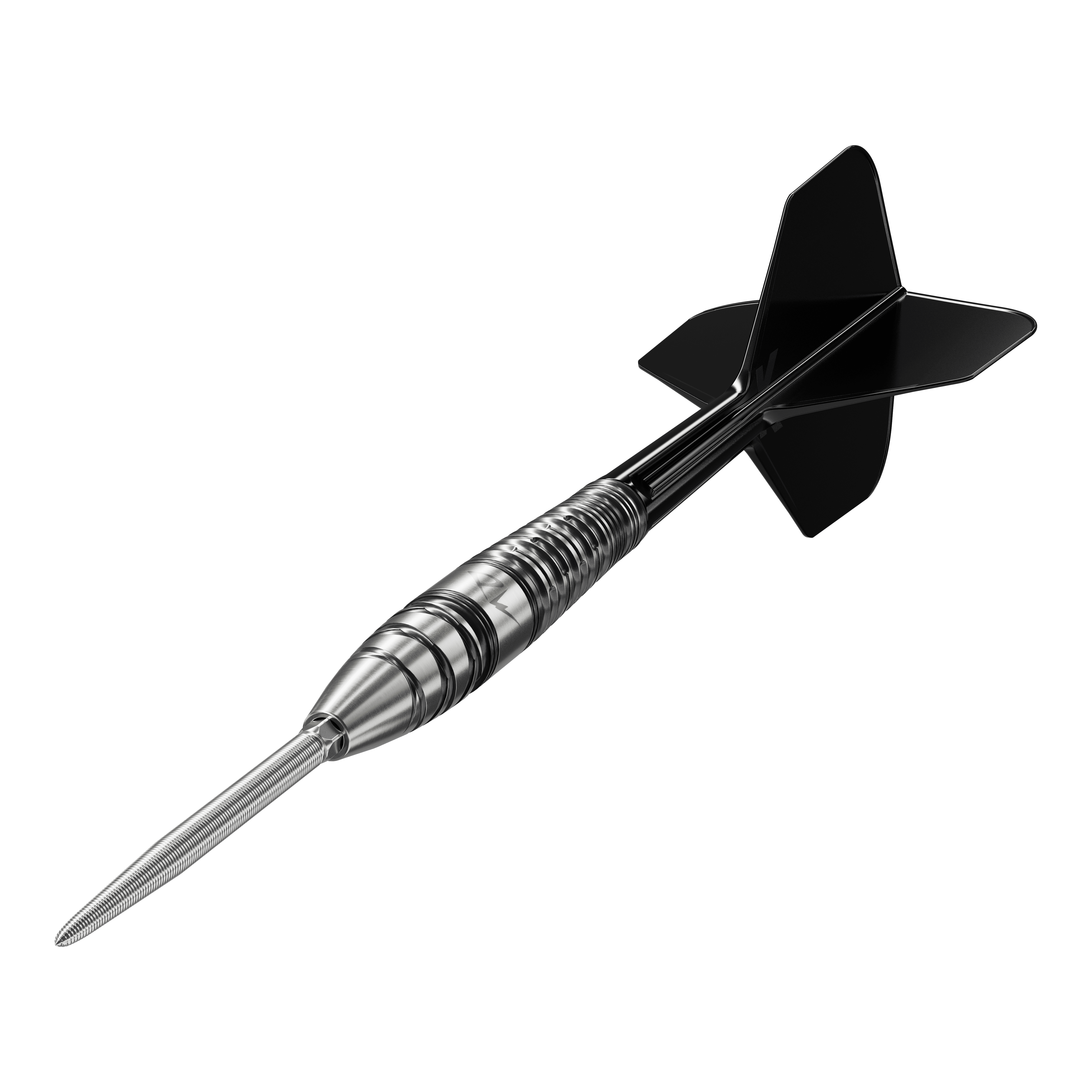 Target Japan Black Marque PW 2 SP Steeldarts Das Bild zeigt einen hochwertigen Steeldartpfeil mit schwarzem Flight und silbernem, gerilltem Barrel. Es handelt sich um das Produkt "Target Japan Black Marque PW 2 SP Steeldarts."