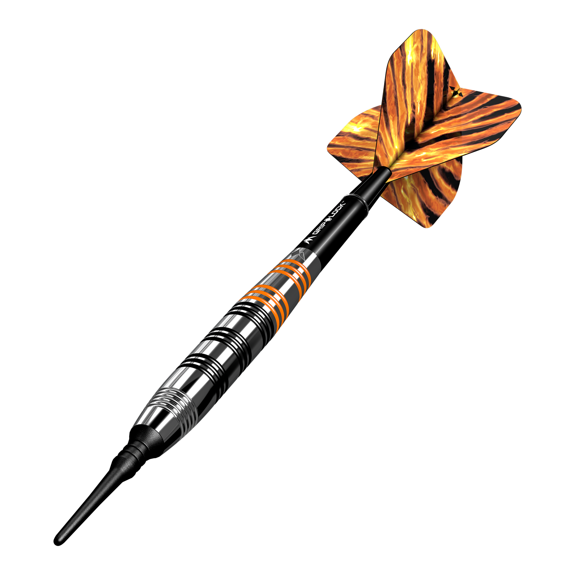 Mission Javan Brass Softdarts - 18g Das Bild zeigt einen Softdart namens "Mission Javan Brass Softdarts - 18g". Der Dartpfeil hat ein gestreiftes Design in Schwarz, Silber und Orange mit einer auffälligen, gemusterten Flugfeder.