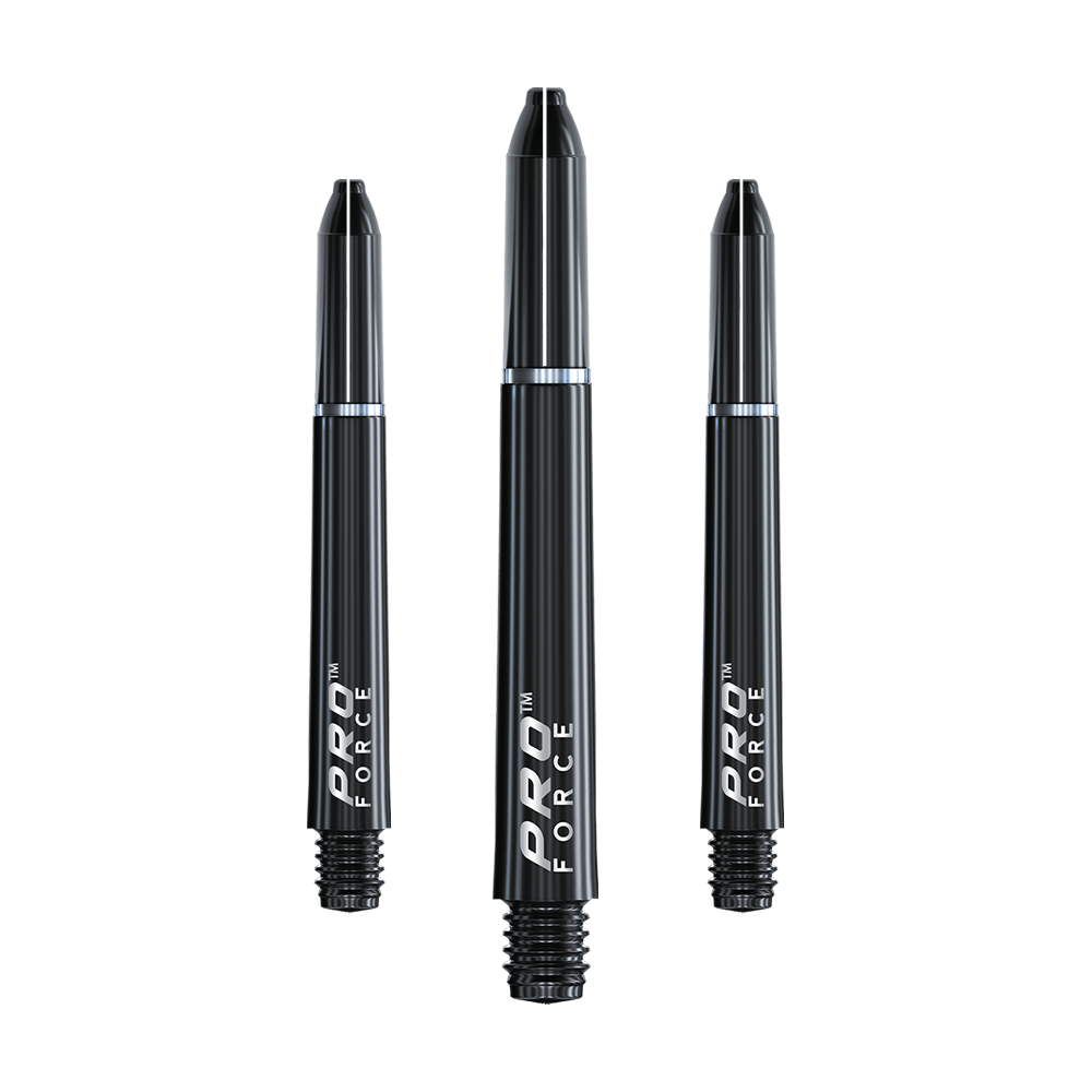 Das Bild zeigt drei schwarze Winmau Pro-Force Shafts für Dartpfeile. Auf den Schäften steht der Schriftzug "PRO FORCE" in weißer Farbe.