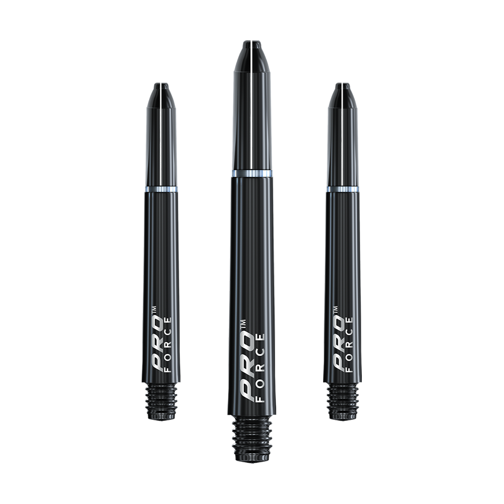 7011_401_Winmau_Pro-Force_Shafts_Schwarz_41mm_1OmSJbdXxZfb0L Das Bild zeigt drei schwarze Winmau Pro-Force Shafts für Dartpfeile. Auf den Schäften steht der Schriftzug "PRO FORCE" in weißer Farbe.