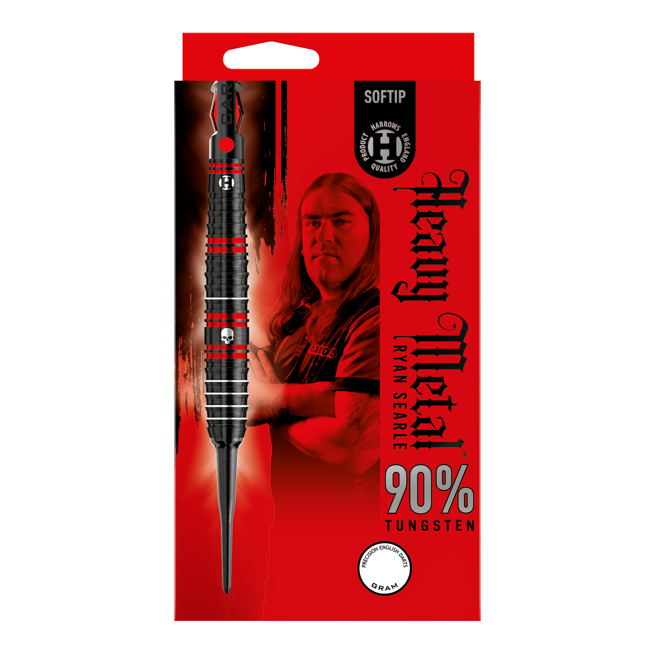 Harrows Ryan Searle Heavy Metal Softdarts Die Verpackung zeigt die Harrows Ryan Searle Heavy Metal Softdarts mit einem Bild von Ryan Searle. Das Design hebt 90% Tungsten und ein auffälliges rot-schwarzes Farbschema hervor.