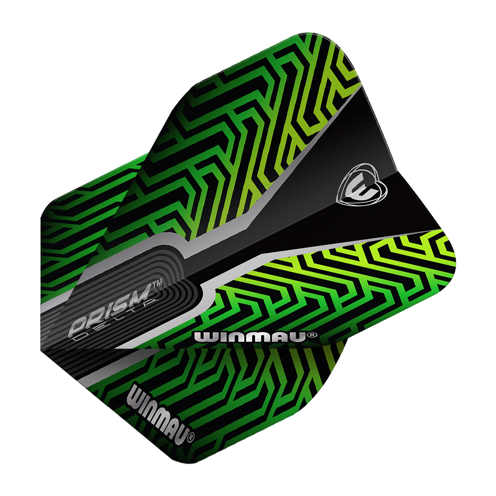 Winmau Prism Delta Kairos No2 Standard Flights Grün Das Bild zeigt ein Dartflight des Modells "Winmau Prism Delta Kairos No2 Standard" in Grün. Das Flight hat ein auffälliges, geometrisches Muster in Grün- und Schwarztönen mit dem Winmau-Logo.