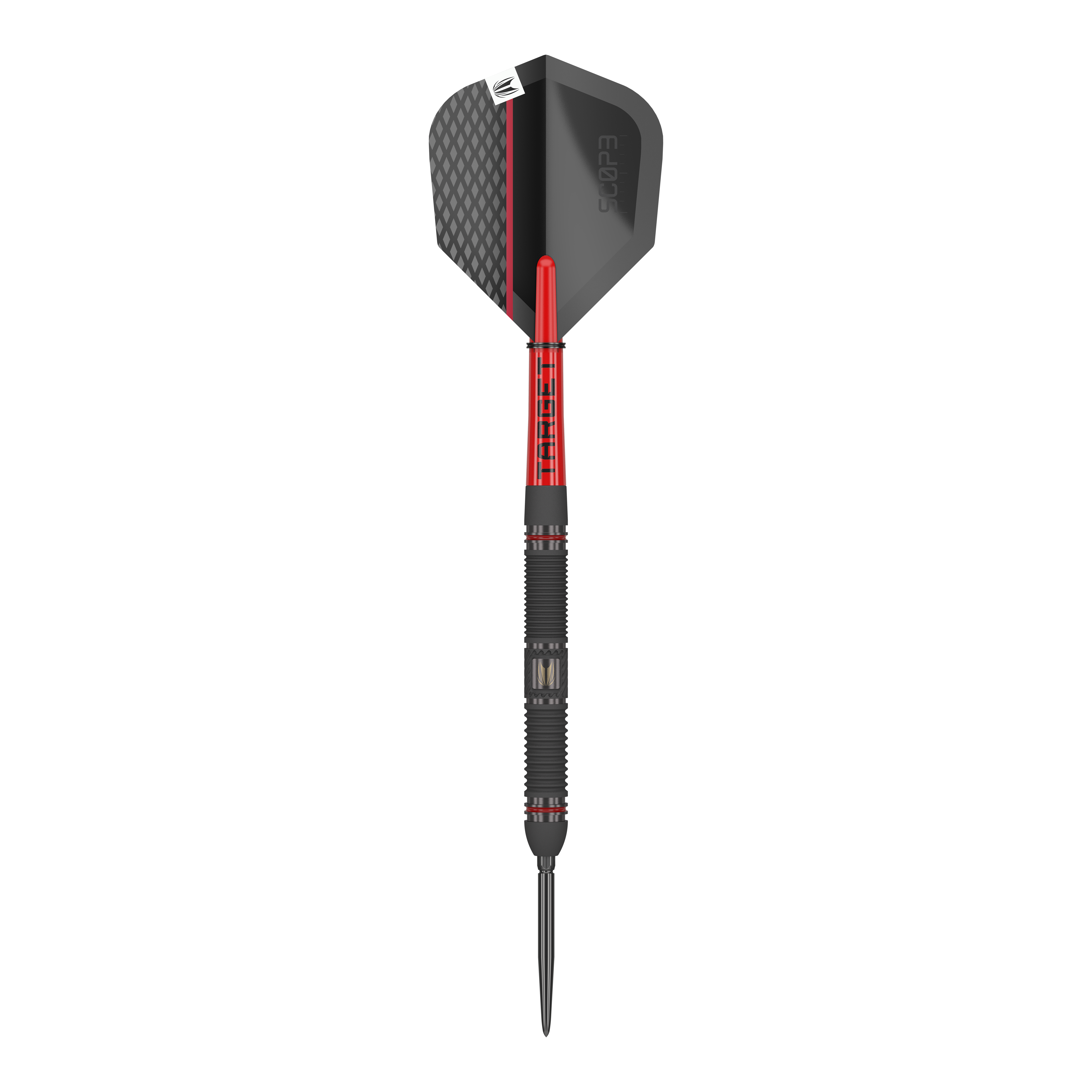 Target Scope 01 Swiss Point Steeldarts Auf dem Bild ist ein Target Scope 01 Swiss Point Steeldart zu sehen. Der Dart hat ein modernes Design in Schwarz und Rot mit einer strukturierten Oberfläche.