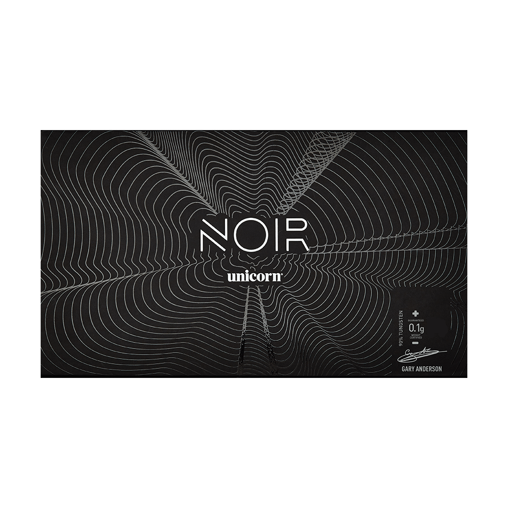 Die Abbildung zeigt die Verpackung der "Unicorn Noir Gary Anderson Phase 5 Softdarts". Das Design ist schwarz mit feinen, geschwungenen Linien und weißer Schrift.