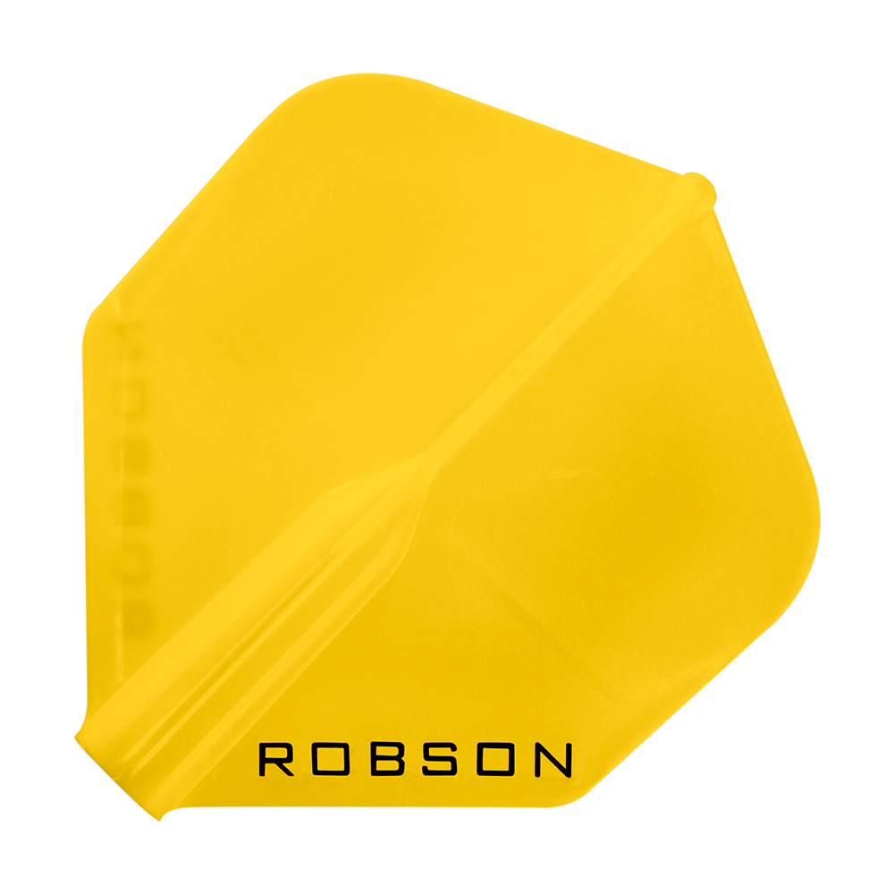 Robson Plus Standard Flights Das Bild zeigt ein gelbes Dartflight mit der Aufschrift "ROBSON". Das Flight hat eine Standardform und ist ein Zubehörteil für Darts.