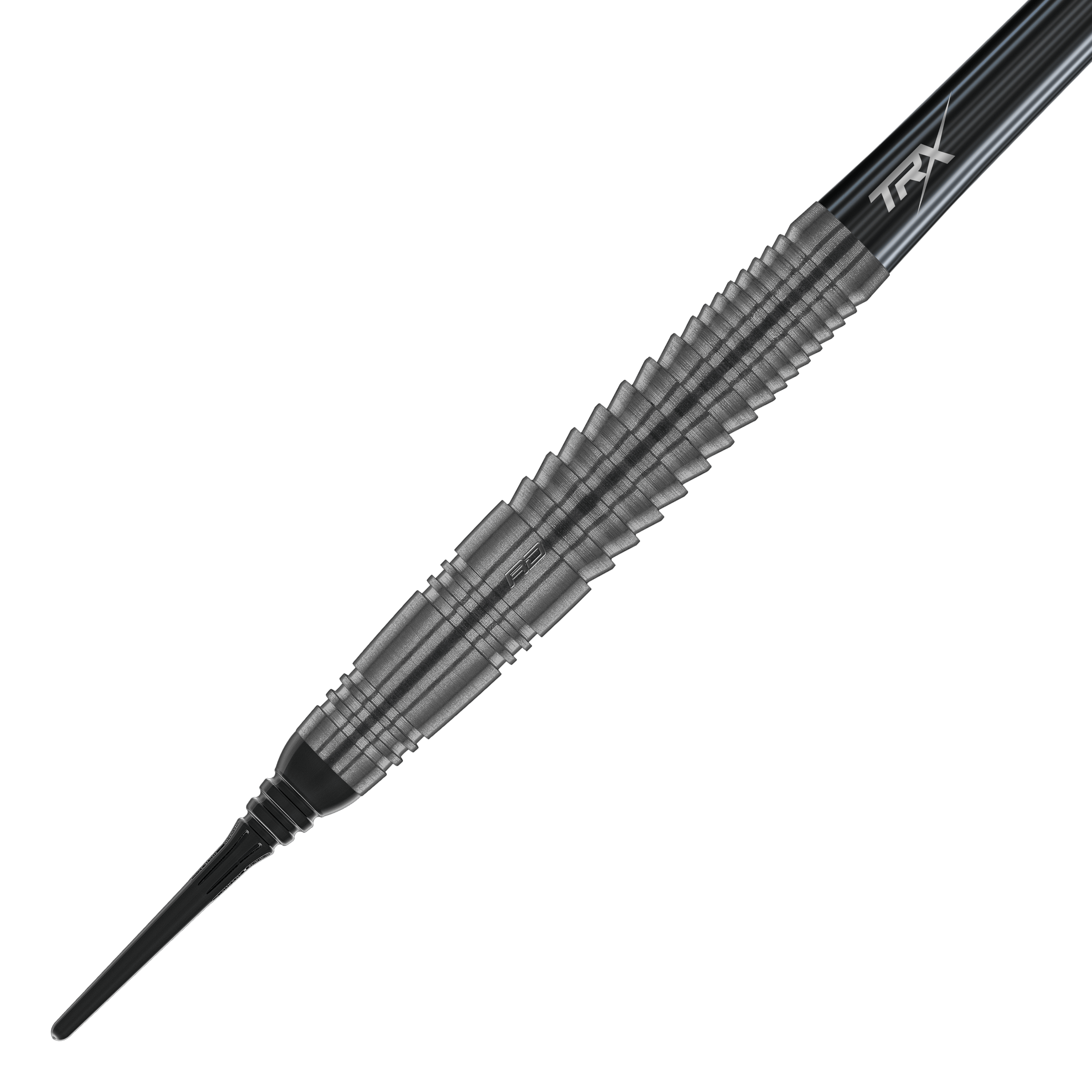 Das Bild zeigt einen Red Dragon Seren 4 Onyx Softdart mit einem Gewicht von 20g. Der Dart hat ein elegantes, schwarz-graues Design mit einer strukturierten Griffzone.