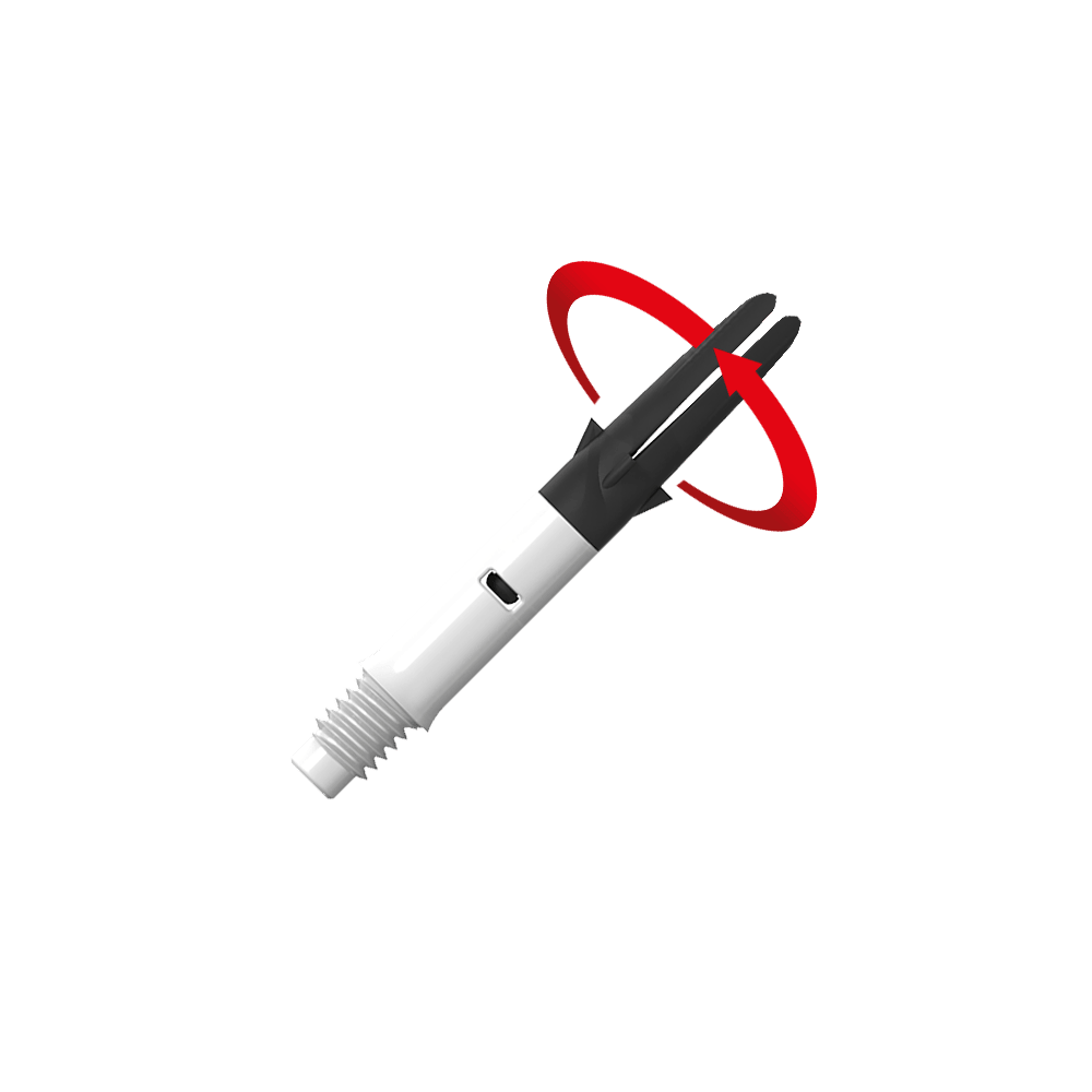 L-Style L-Shaft Carbon Silent Straight - Weiß 190 Das Bild zeigt einen weißen und schwarzen Dart-Schaft mit einem Gewinde am unteren Ende. Ein roter Pfeil deutet auf eine Drehbewegung des oberen Teils hin.