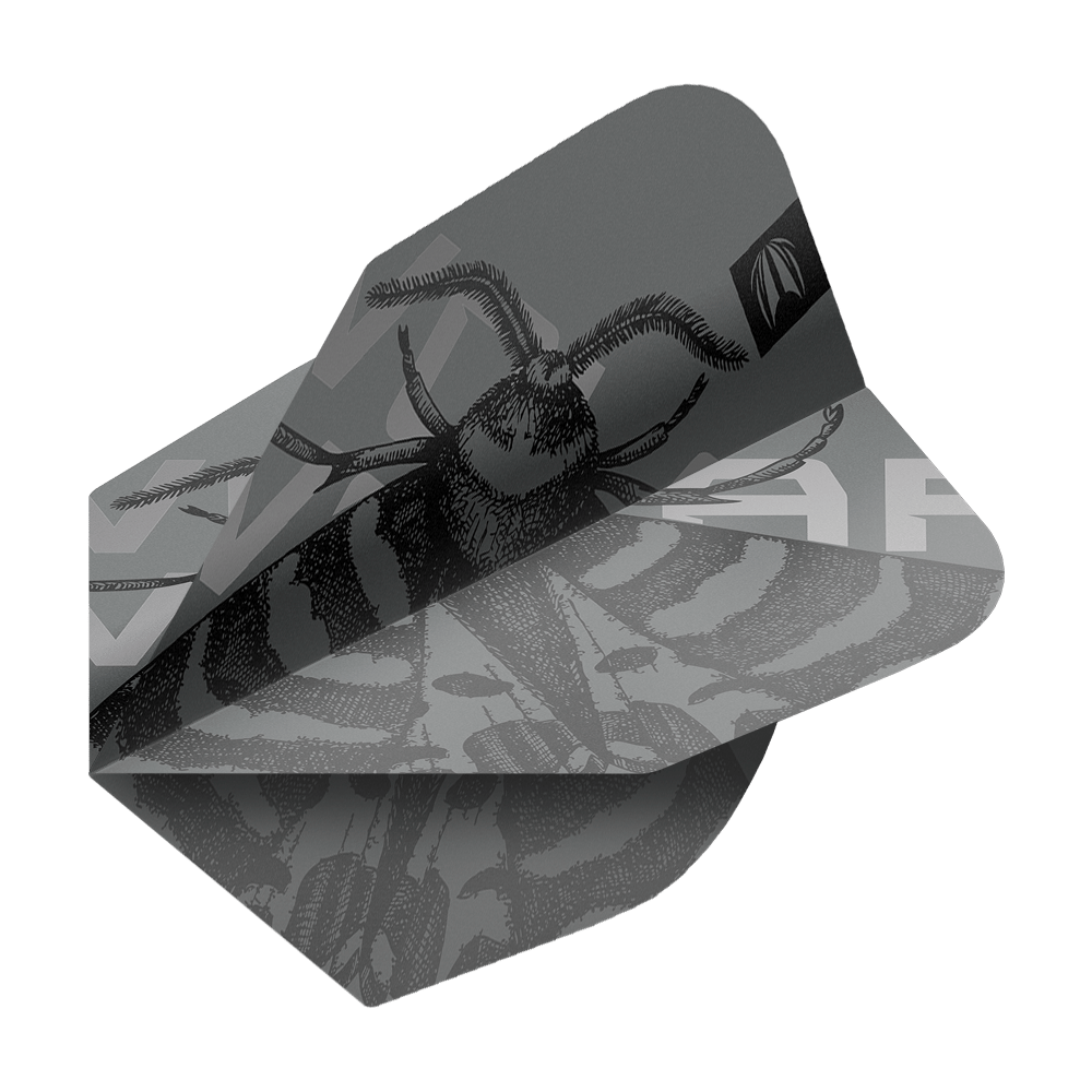 Das Bild zeigt ein Dartflight mit einem schwarz-grauen Design und einer Abbildung eines Insekts. Es handelt sich um das Produkt "Target Pro Ultra Volar No6 Flights - 3 Sets".