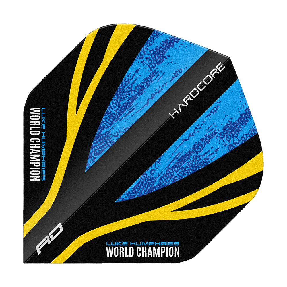 Das Bild zeigt das Produkt "Red Dragon Hardcore Luke Humphries World Champion Standard Flights". Das Design ist überwiegend schwarz mit blauen und gelben Akzenten sowie der Aufschrift "World Champion".
