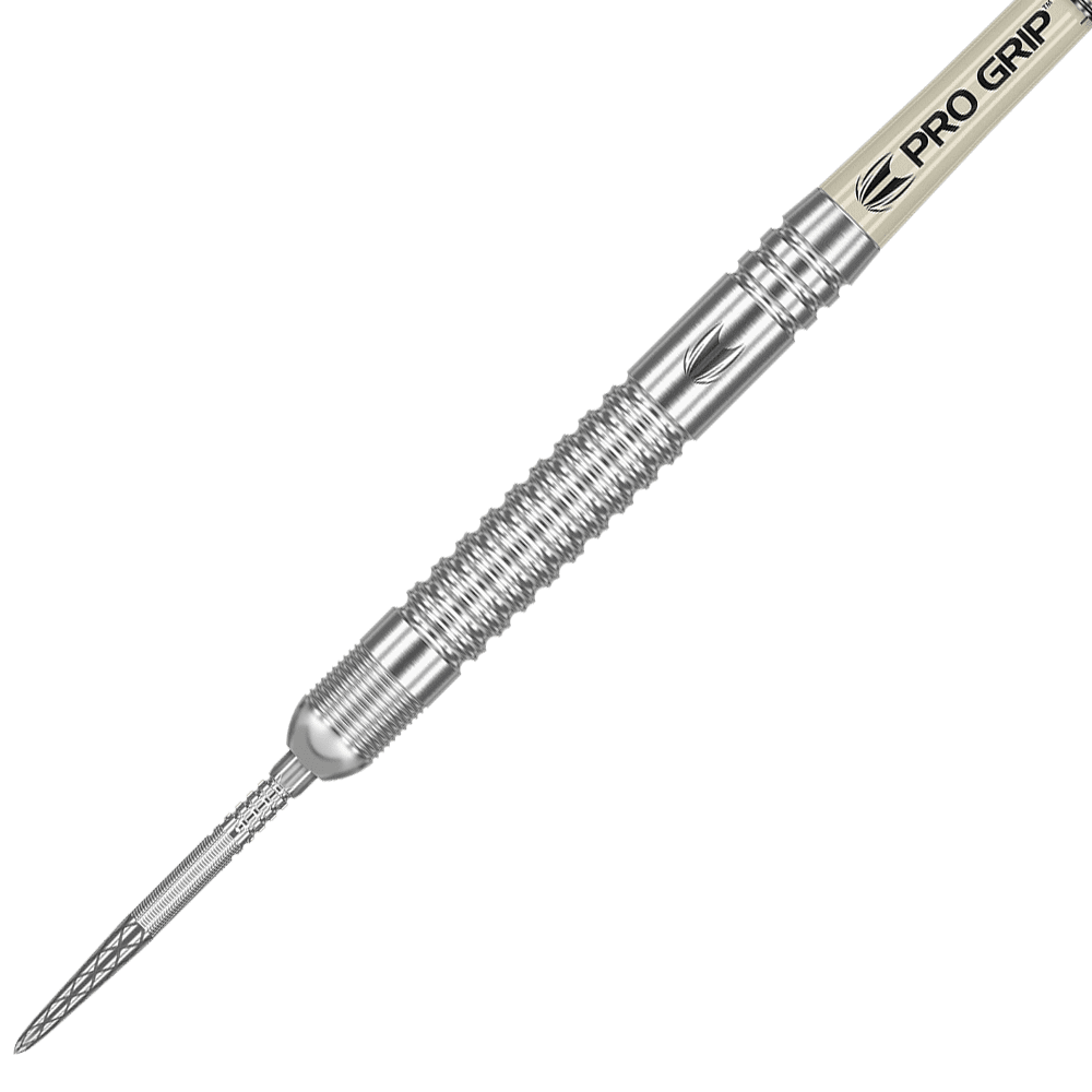 Das Bild zeigt einen silbernen Steeldartpfeil mit gerilltem Griffbereich. Auf dem Schaft steht "PRO GRIP" geschrieben.