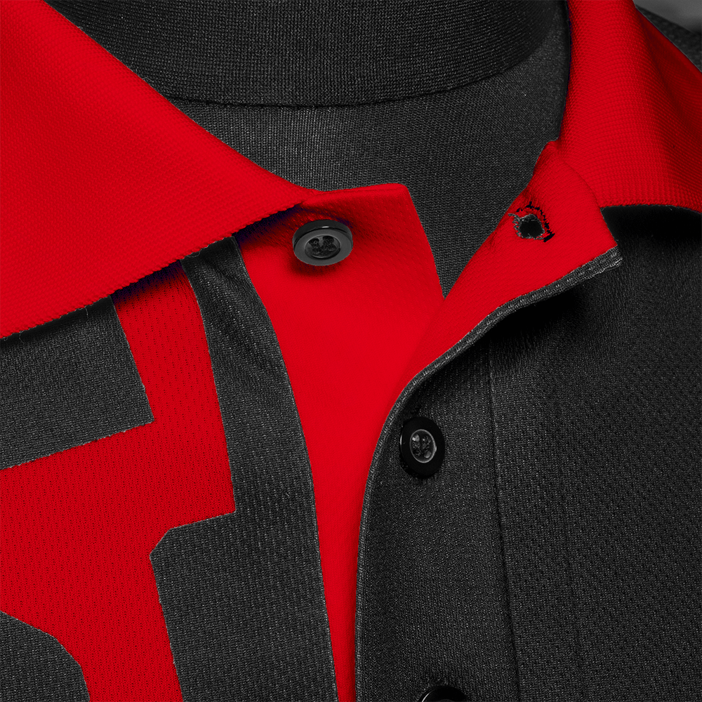 Das Bild zeigt das Harrows Rapide Dartshirt in Rot aus nächster Nähe. Der Kragen und ein Teil des Oberteils sind deutlich in den Farben Rot und Schwarz zu erkennen.