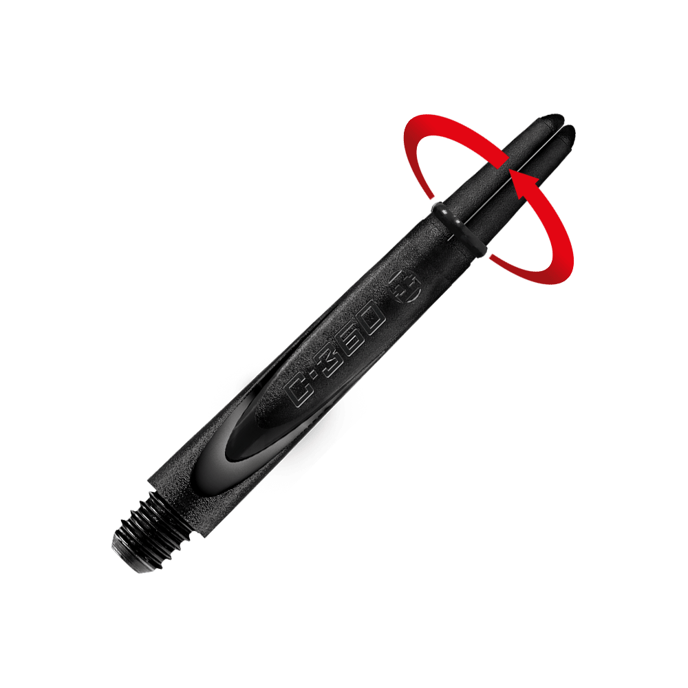 HR459_Harrows_Carbon_360_Shafts_Schwarz_42mm_2_Symbol Das Bild zeigt einen schwarzen Carbon-Dartshaft mit der Aufschrift „C-360“. Im Hintergrund ist ein rotes Quadrat zu sehen, das den oberen Teil des Shafts hervorhebt.