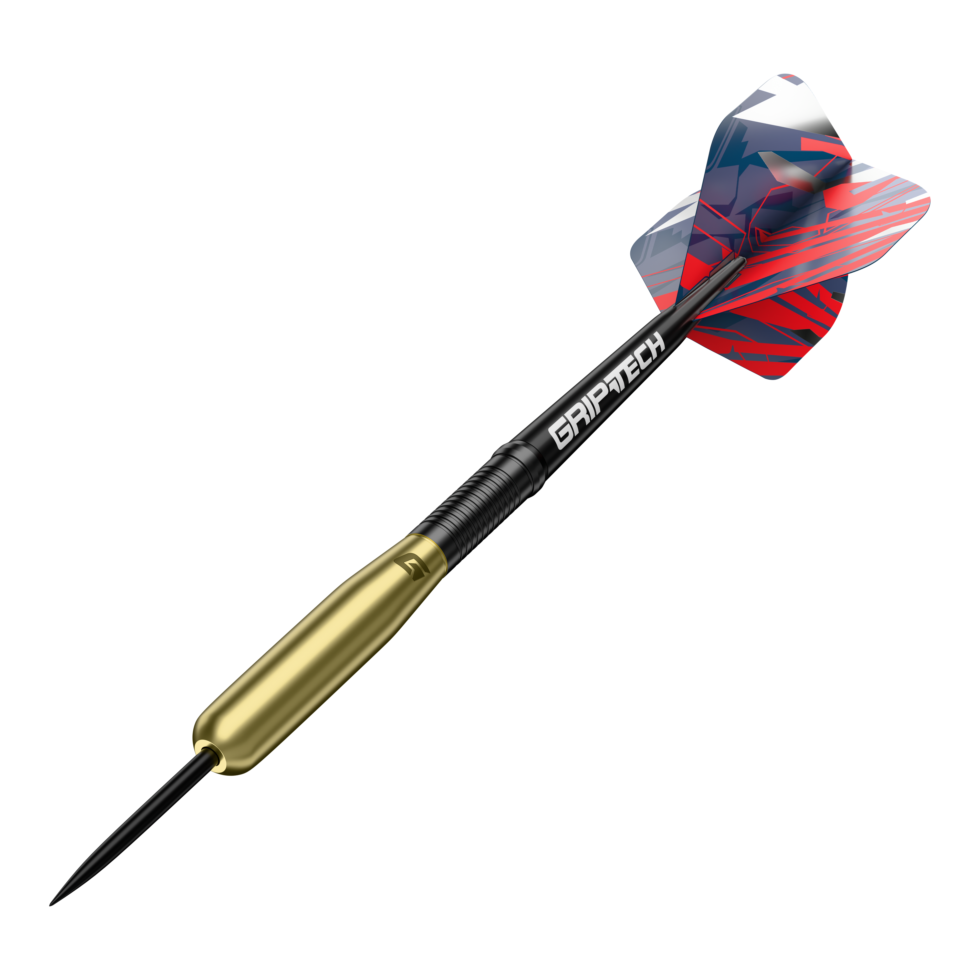 Das Bild zeigt einen GOAT Homerun Baseball Brass Steeldart mit einem Gewicht von 15 Gramm. Der Dart hat einen goldfarbenen Körper, einen schwarzen Schaft mit der Aufschrift "GRIPTECH" und bunte, rot-blau-weiße Flights.