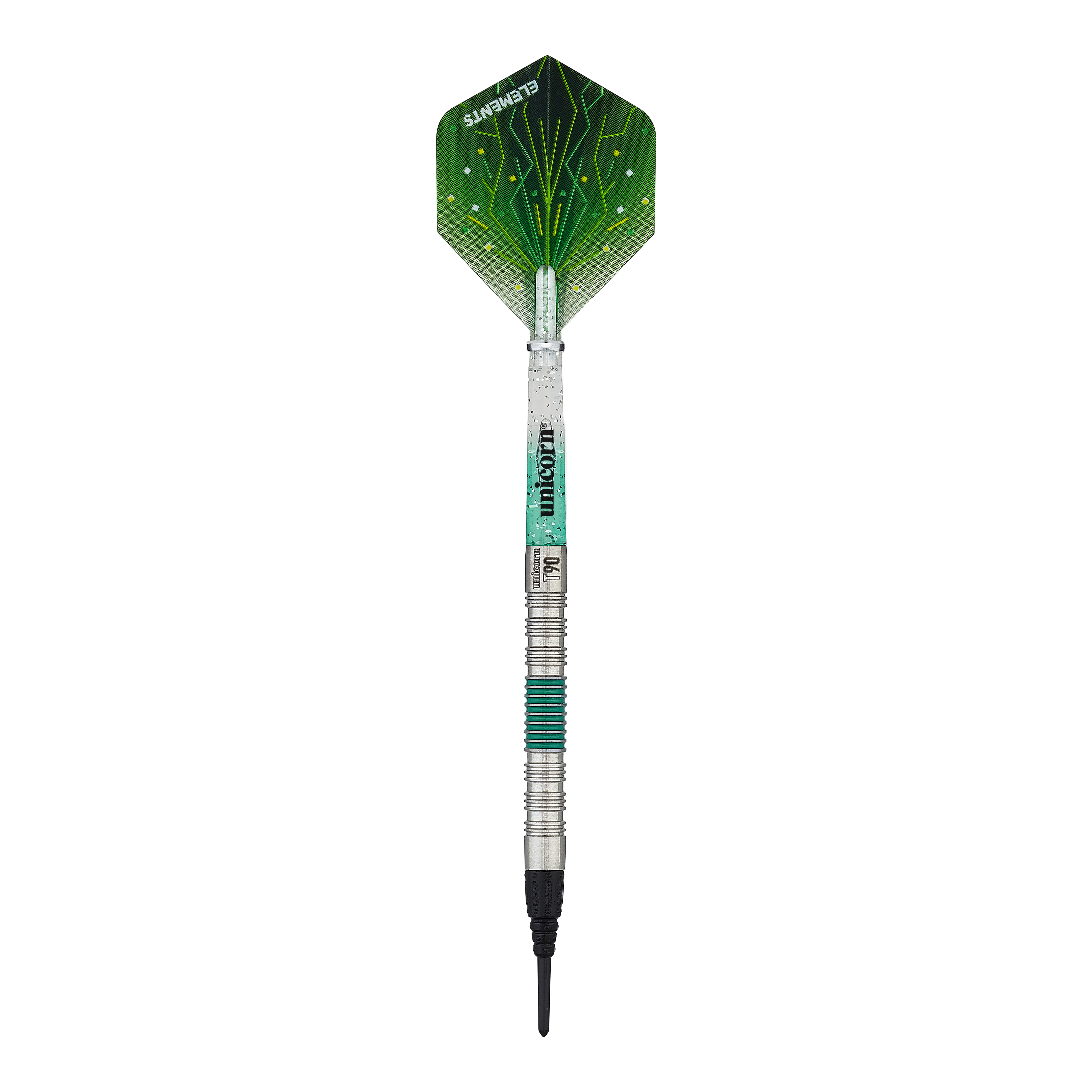 Das Bild zeigt einen Unicorn T90 Core XL Green Softdart mit grünem Flight und silber-grünem Barrel. Der Dart hat ein modernes Design mit elektronischen Linienmustern auf dem Flight.
