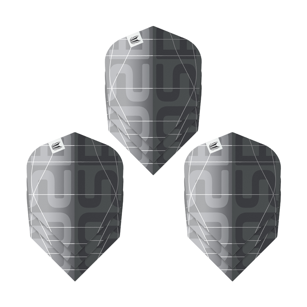 Das Bild zeigt drei Sätze der Target Pro Ultra Aspinall X Echo No6 Flights. Die Flights sind in einem modernen Schwarz-Grau-Design mit geometrischem Muster gehalten.
