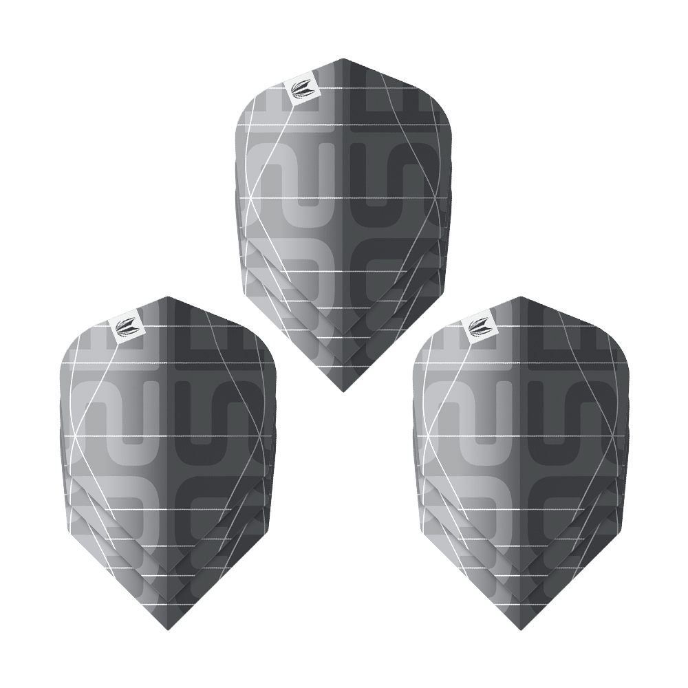 Target Pro Ultra Aspinall X Echo No6 Flights - 3 Sets Das Bild zeigt drei Sätze der Target Pro Ultra Aspinall X Echo No6 Flights. Die Flights sind in einem modernen Schwarz-Grau-Design mit geometrischem Muster gehalten.