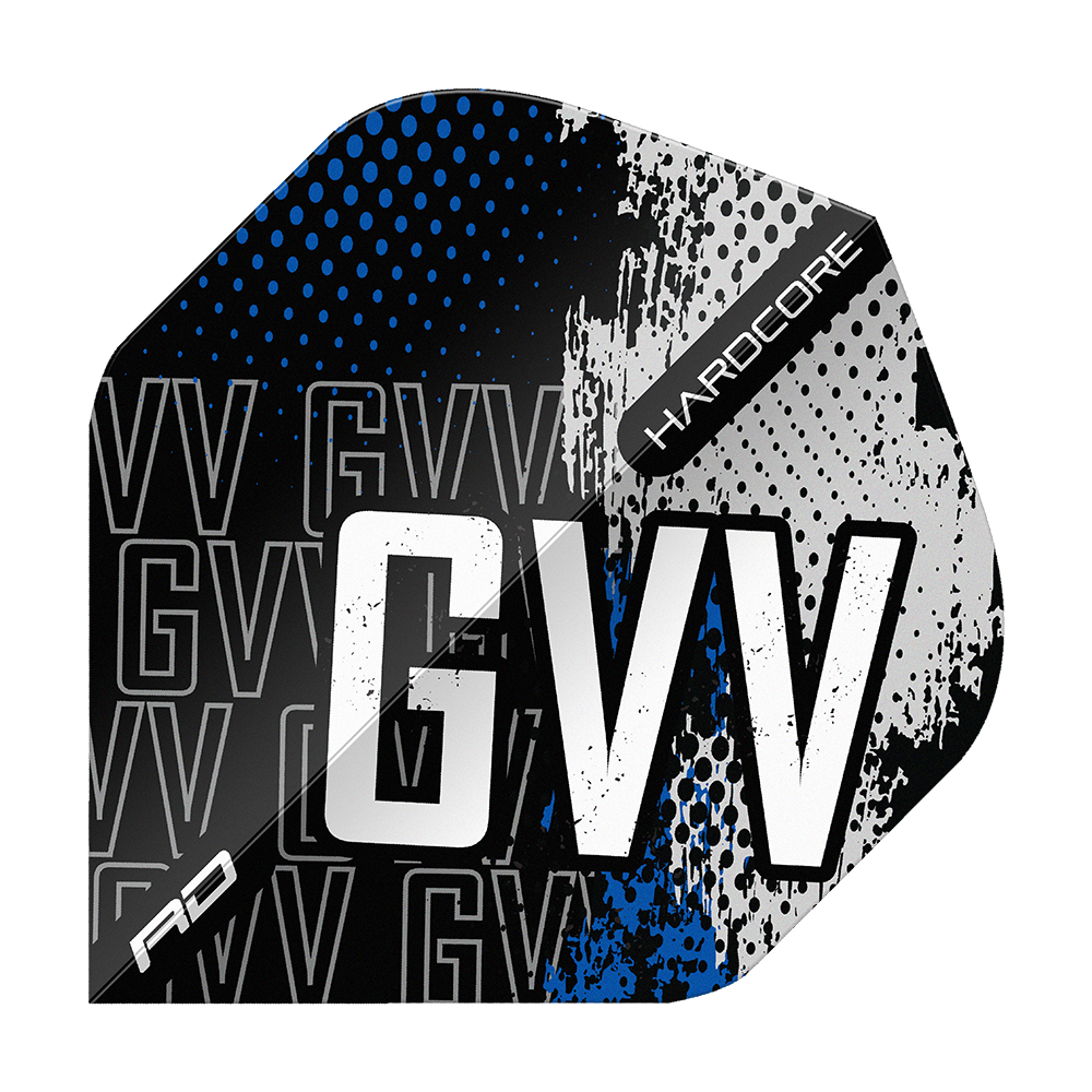Das Bild zeigt ein Dartflight mit dem Design "Red Dragon Hardcore Gian Van Veen Blue Premium No2 Standard Flights". Das Flight ist überwiegend schwarz, blau und weiß mit dem großen Schriftzug "GVV" und dem Wort "HARDCORE" darauf.
