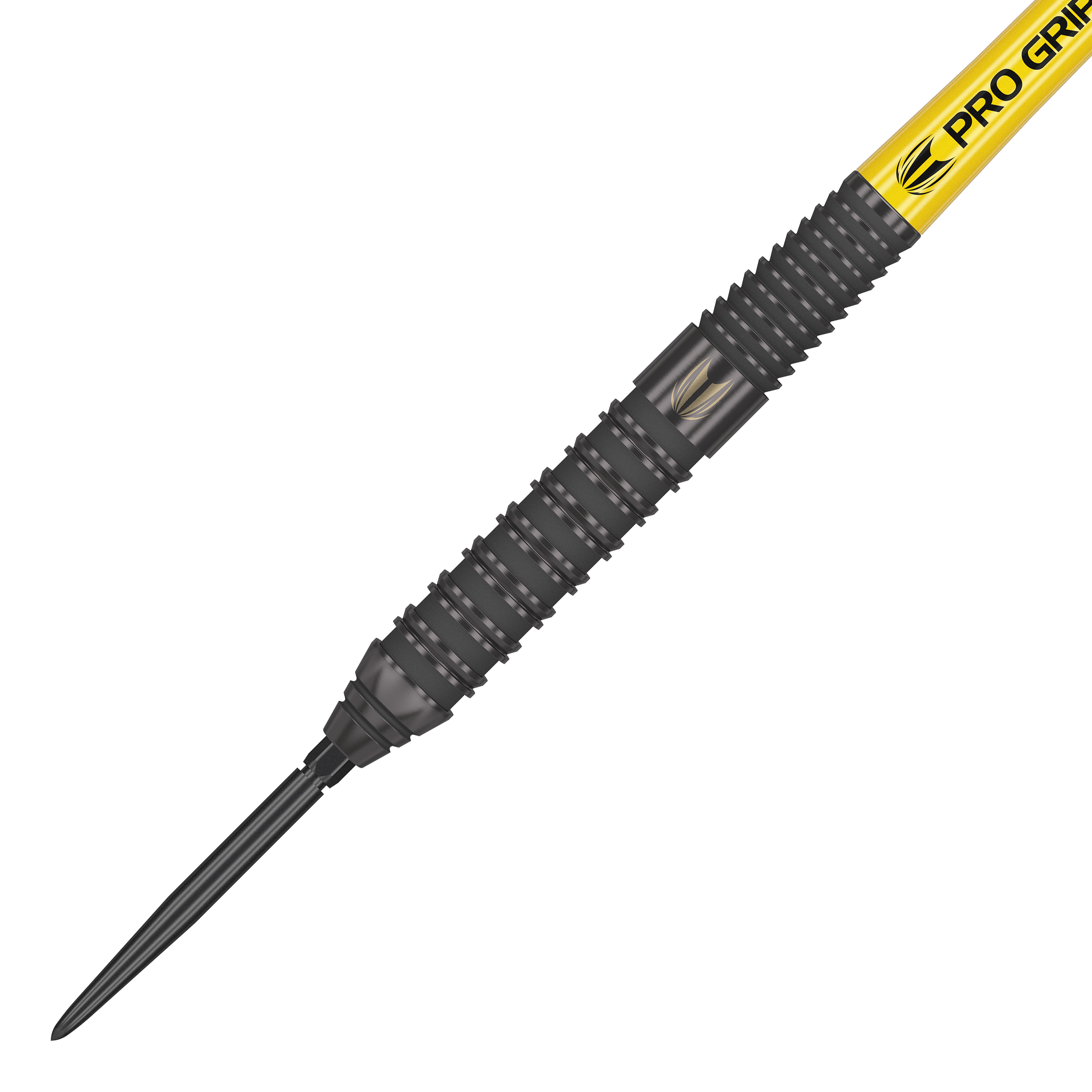 Das Bild zeigt den Target Bolide Void 02 Swiss Point Steeldart. Der Dart hat ein schwarzes Griffstück mit feinen Rillen und einer gelben „Pro Grip“-Beschriftung am Schaft.