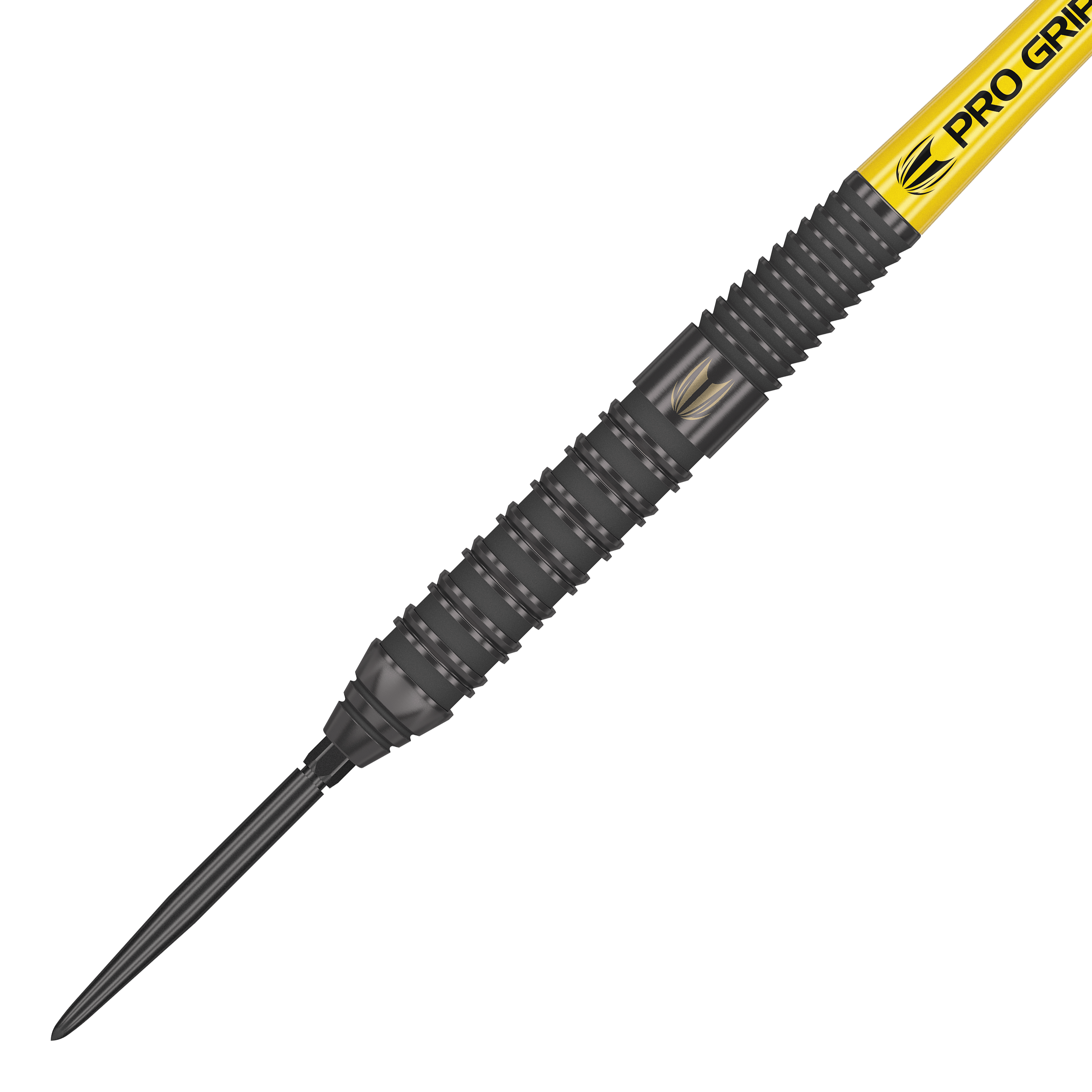 Target Bolide Void 02 Swiss Point Steeldarts Das Bild zeigt den Target Bolide Void 02 Swiss Point Steeldart. Der Dart hat ein schwarzes Griffstück mit feinen Rillen und einer gelben „Pro Grip“-Beschriftung am Schaft.