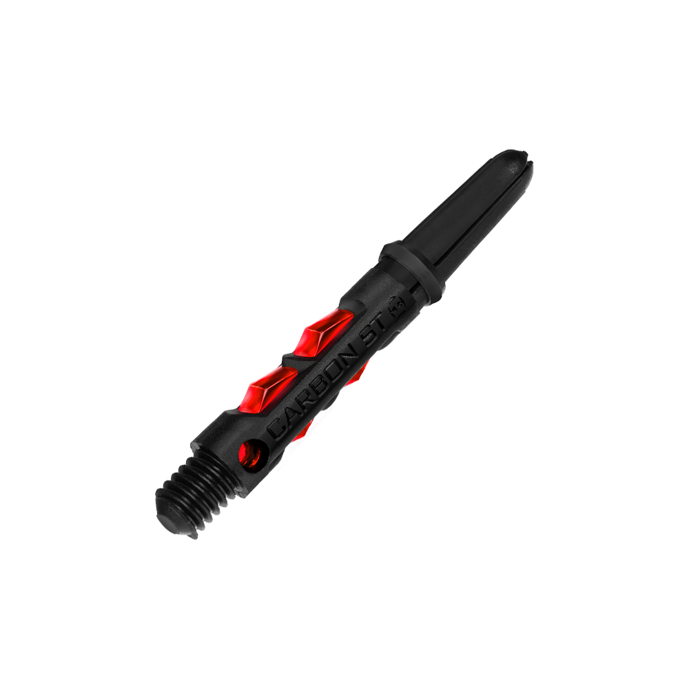 Das Bild zeigt einen Harrows Carbon ST Shaft in der Farbe Rot. Der Schaft ist schwarz mit roten Details und aus robustem Material gefertigt.