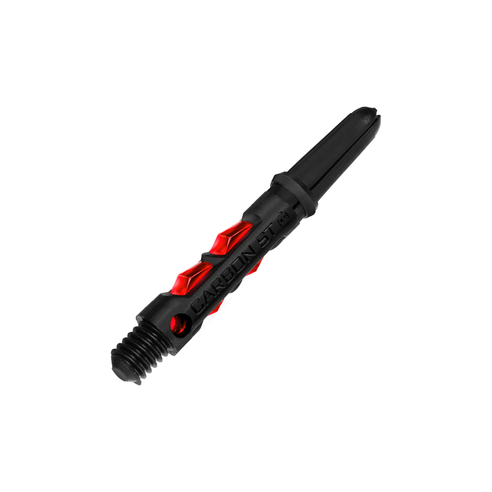 HR431_Harrows_Carbon_ST_Shafts_Rot_33mm_2 Das Bild zeigt einen Harrows Carbon ST Shaft in der Farbe Rot. Der Schaft ist schwarz mit roten Details und aus robustem Material gefertigt.