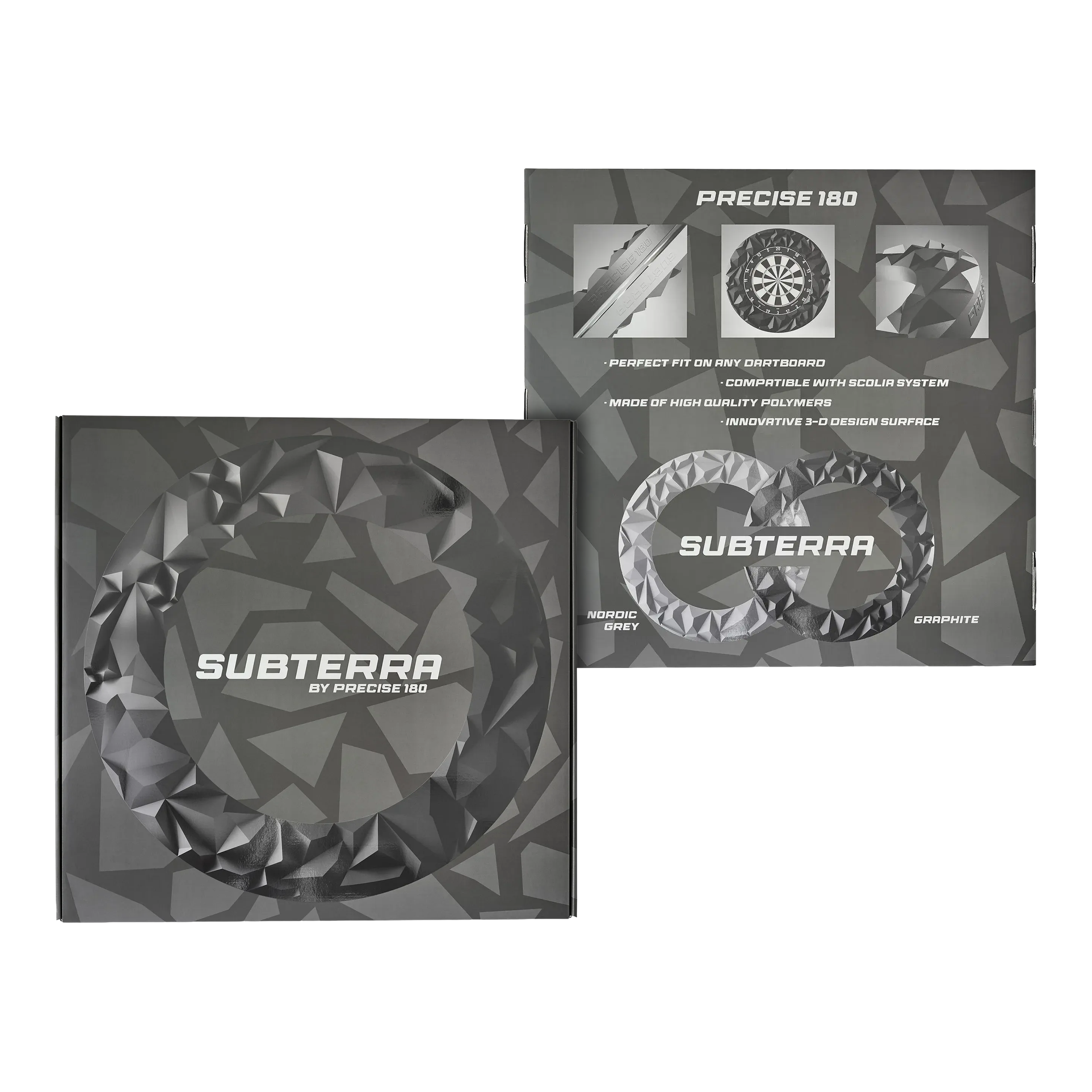 Das Bild zeigt das Precise 180 3D Dartboard Surround Subterra in Graphit. Es handelt sich um ein modernes Dartboard-Zubehör für den professionellen Einsatz.