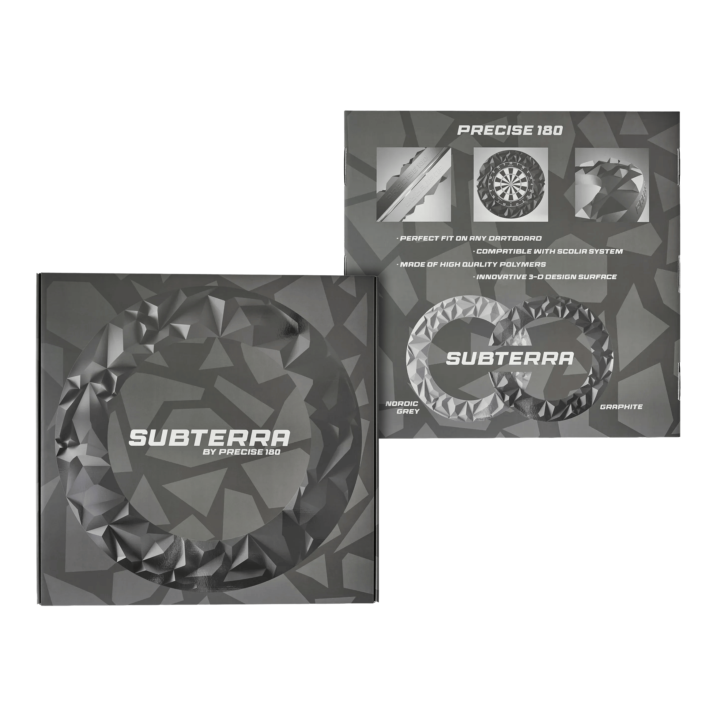 Precise 180 3D Dartboard Surround Subterra - Graphite Das Bild zeigt das Precise 180 3D Dartboard Surround Subterra in Graphit. Es handelt sich um ein modernes Dartboard-Zubehör für den professionellen Einsatz.