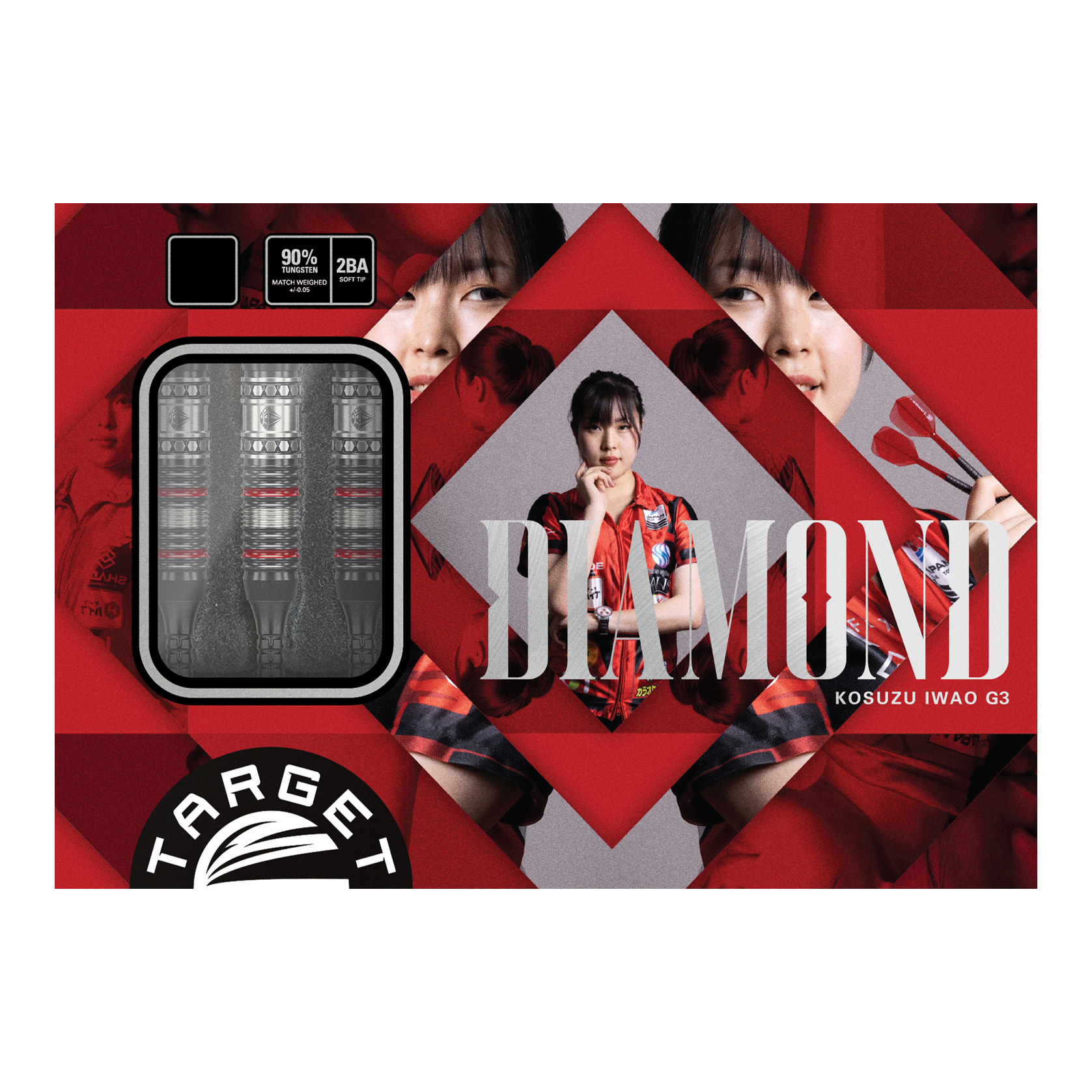 Target Japan Prime Series Diamond GEN3 Softdarts - 18g Die Abbildung zeigt das Produkt "Target Japan Prime Series Diamond GEN3 Softdarts - 18g". Auf der Verpackung sind die Darts selbst sowie ein Porträt einer Frau und das Wort "DIAMOND" zu sehen.
