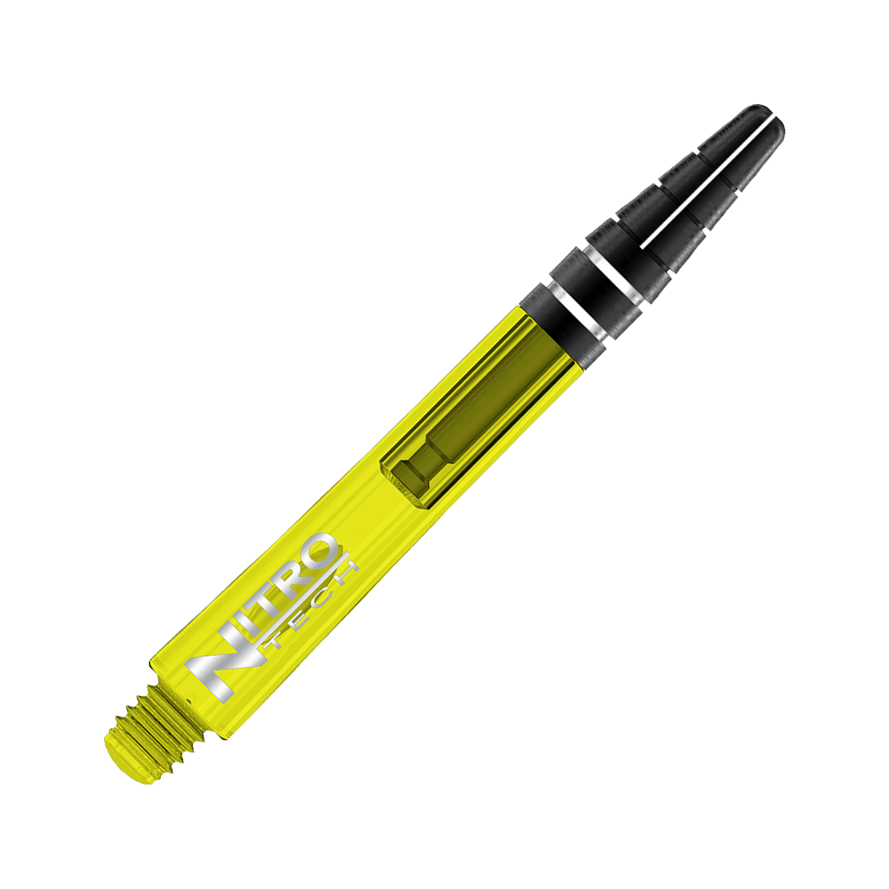 C707_Red_Dragon_Nitrotech_Shafts_Gelb_42mm_2 Das Bild zeigt einen gelben Dart-Schaft mit der Aufschrift "Nitro Tech". Der Schaft hat schwarze und silberne Akzente am oberen Ende.