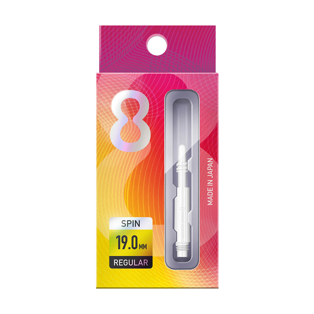 400315_8Flight_Regular_Spin_Shafts_White_19mm_3 Die Abbildung zeigt eine Packung "8 Flight Regular Spin White Shafts". Die Verpackung ist bunt gestaltet und enthält einen weißen Schaft mit der Länge von 19,0 mm.