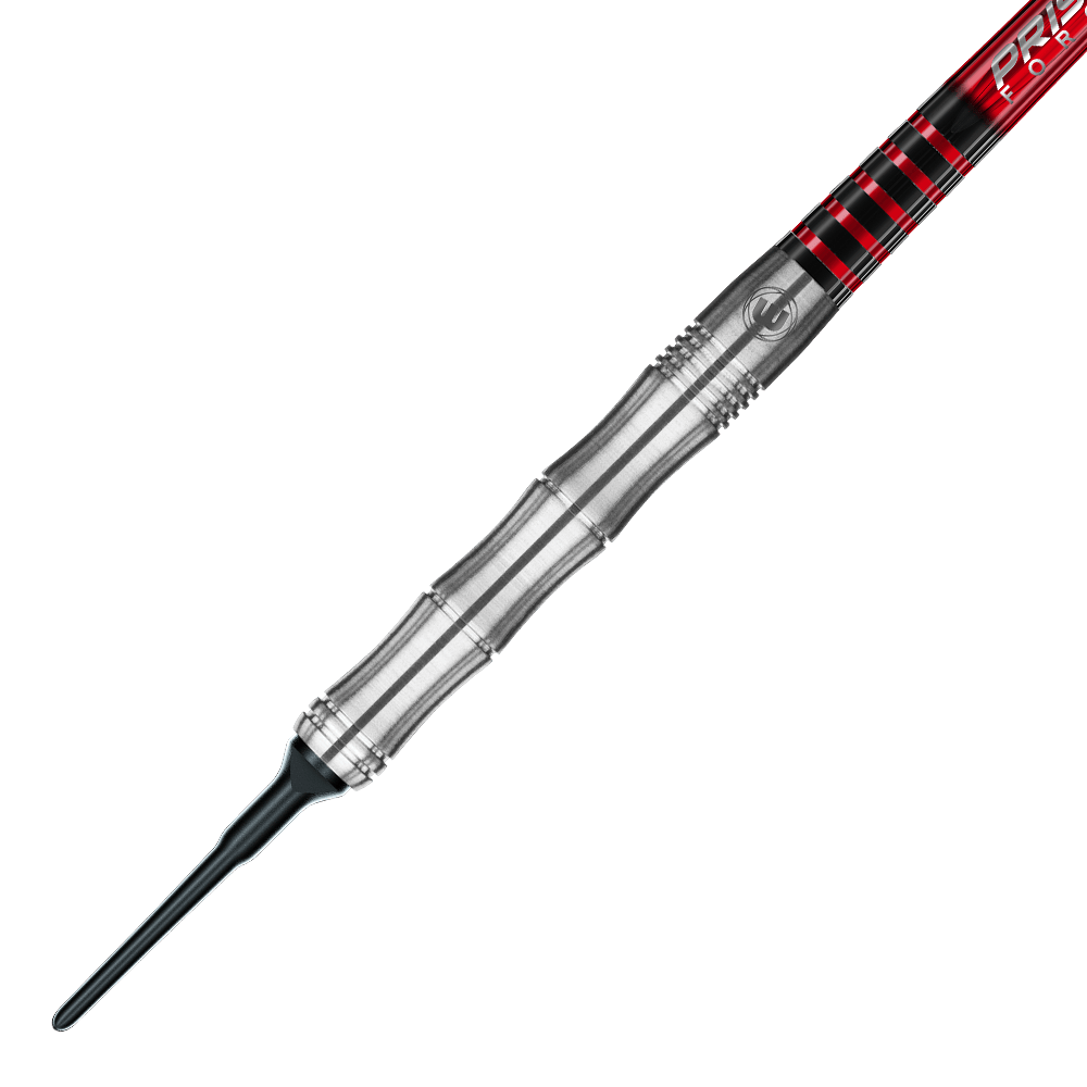 2046-18-Winmau-Mervyn-King-90-Softdarts-2 Das Bild zeigt einen Winmau Mervyn King Tungsten Softdart mit 18 Gramm Gewicht. Der Dart hat einen silbernen, geriffelten Barrel und eine schwarze Kunststoffspitze.