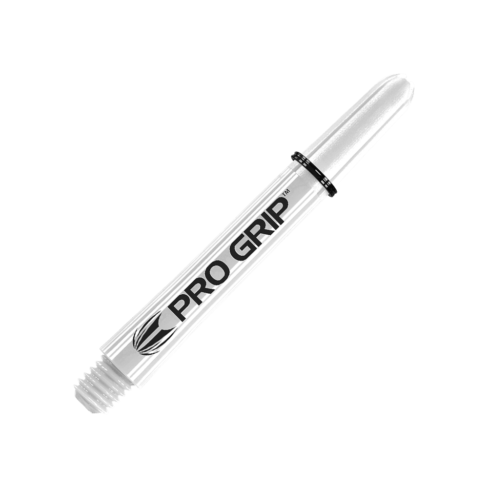 Target Pro Grip Shafts - 3 Sets - Weiß Das Bild zeigt einen weißen Pro Grip Schaft für Dartpfeile. Auf dem Schaft steht gut sichtbar der Schriftzug "PRO GRIP".