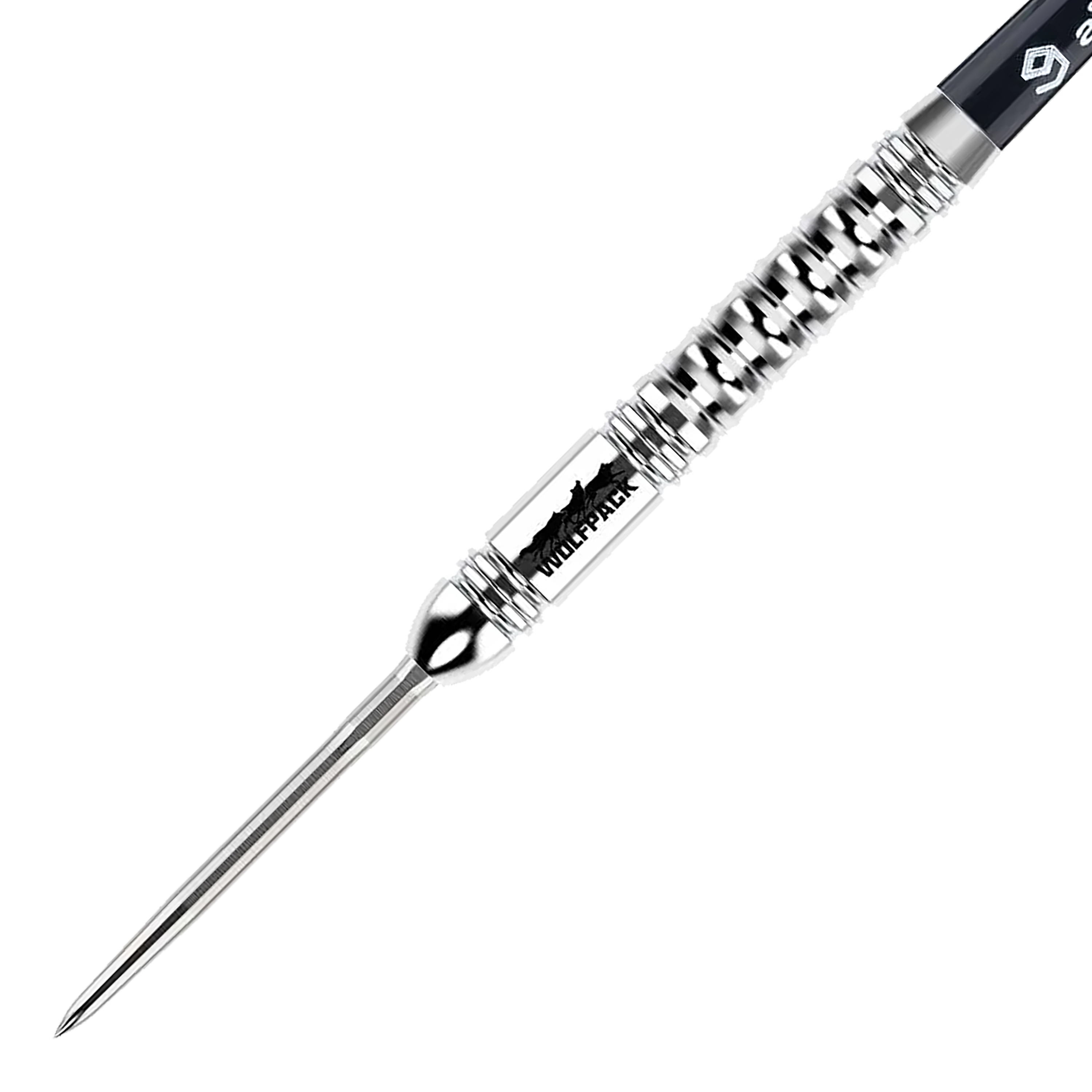 Caliburn Wolfpack W1 Steeldarts - 23g Das Bild zeigt einen Caliburn Wolfpack W1 Steeldart mit einem Gewicht von 23,5g. Der Dart hat ein silbernes, geriffeltes Design und ist mit dem Schriftzug "WOLFPACK" versehen.