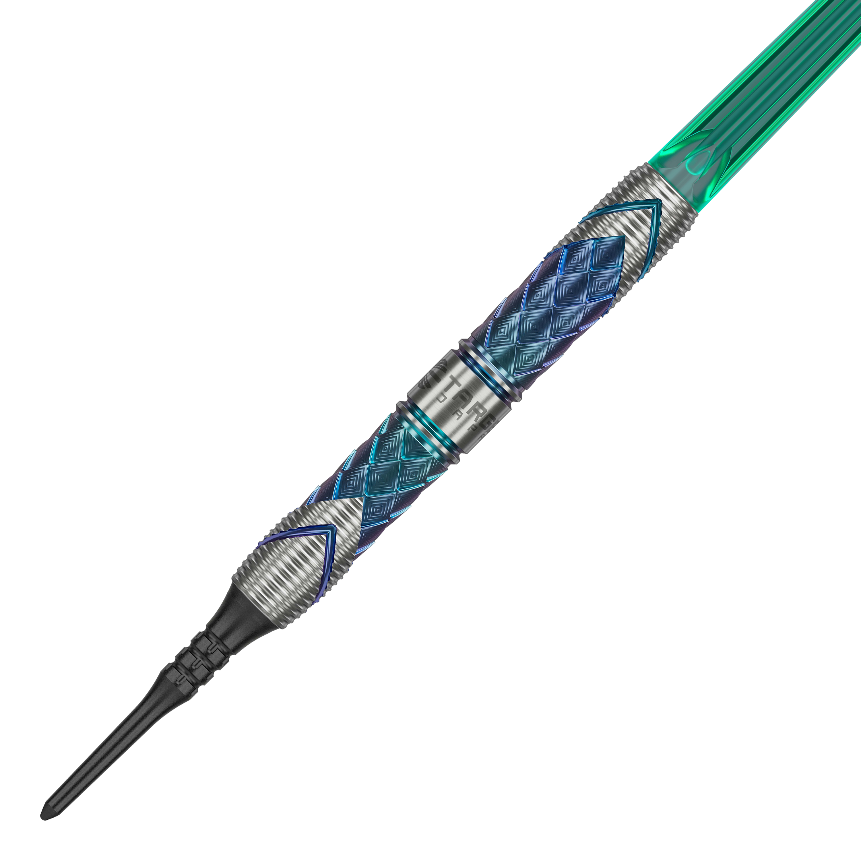Target Japan Kaze Series Ceros 03 Softdarts - 19g Das Bild zeigt einen Softdart der Marke Target Japan aus der Kaze Series, Modell Ceros 03 mit 19g Gewicht. Der Dartpfeil hat ein auffälliges, diamantförmiges Muster in Blau und Silber sowie einen grünen Schaft.
