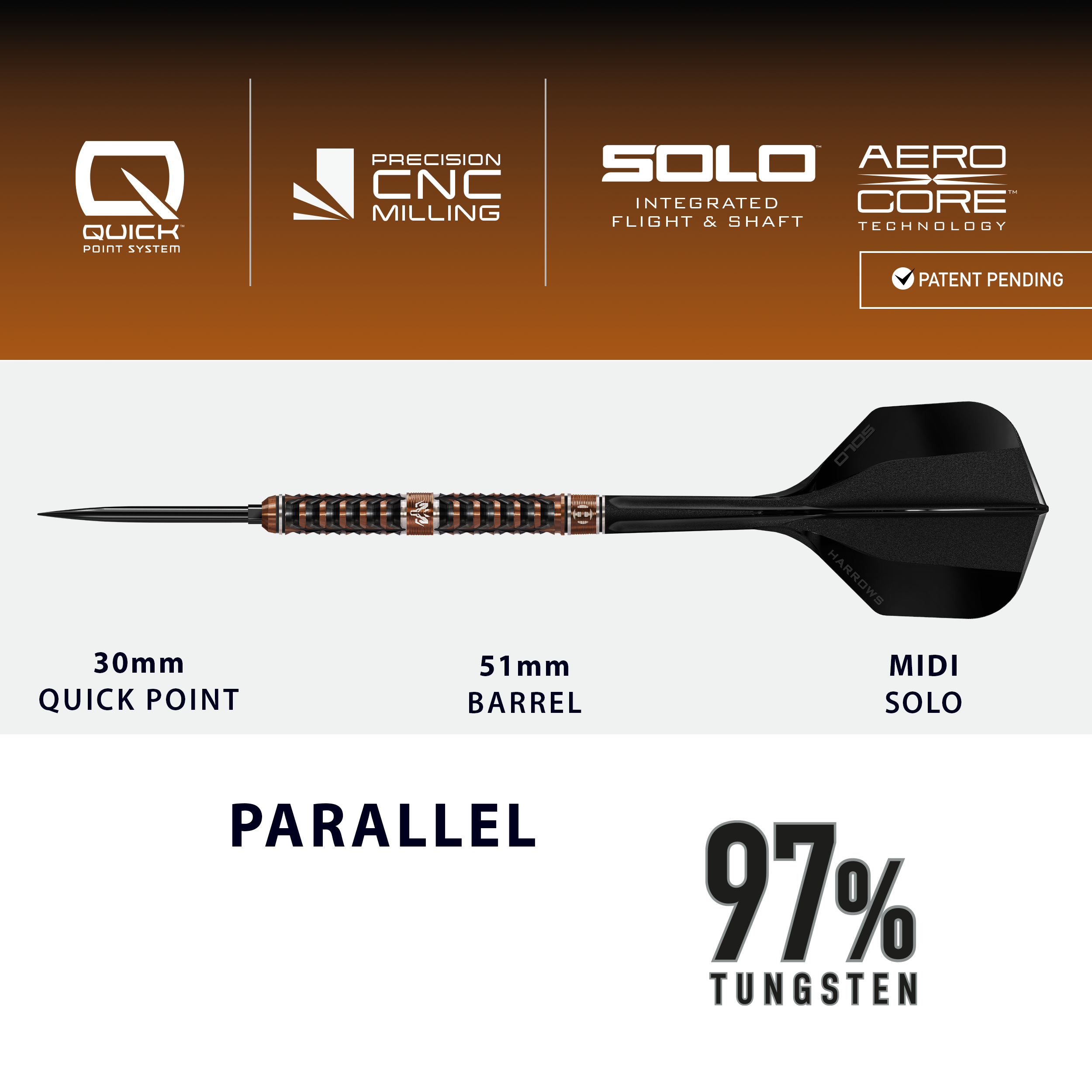 Gezeigt werden die Harrows Wolfram Trinity Quick Point Steeldarts. Diese Darts zeichnen sich durch ihre hohe Präzision und Verarbeitung aus.