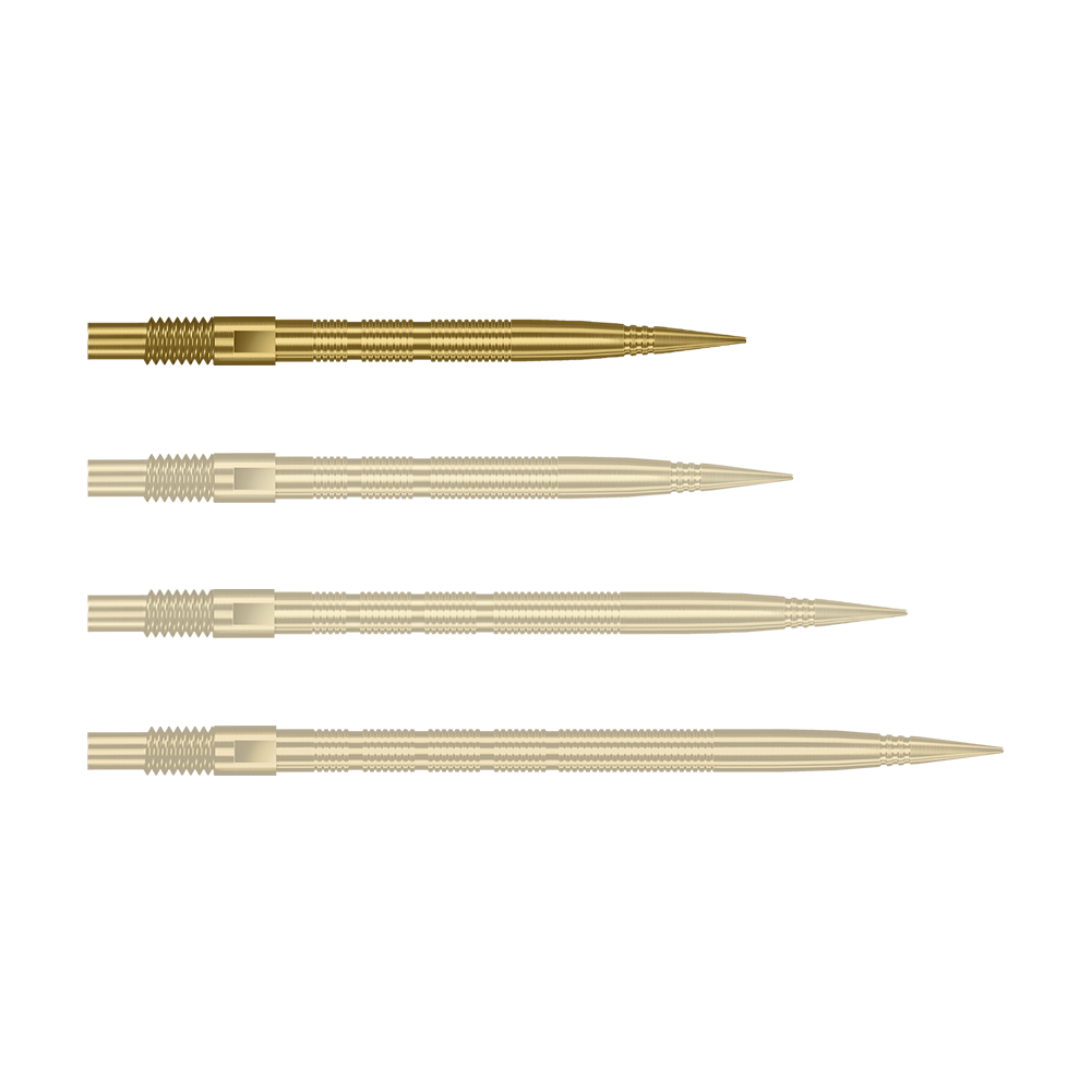 Abgebildet sind goldene MicroRidge Dartspitzen mit einer Länge von 26 mm. Das Produkt ist vermutlich von Harrows, Modell Quick Point.