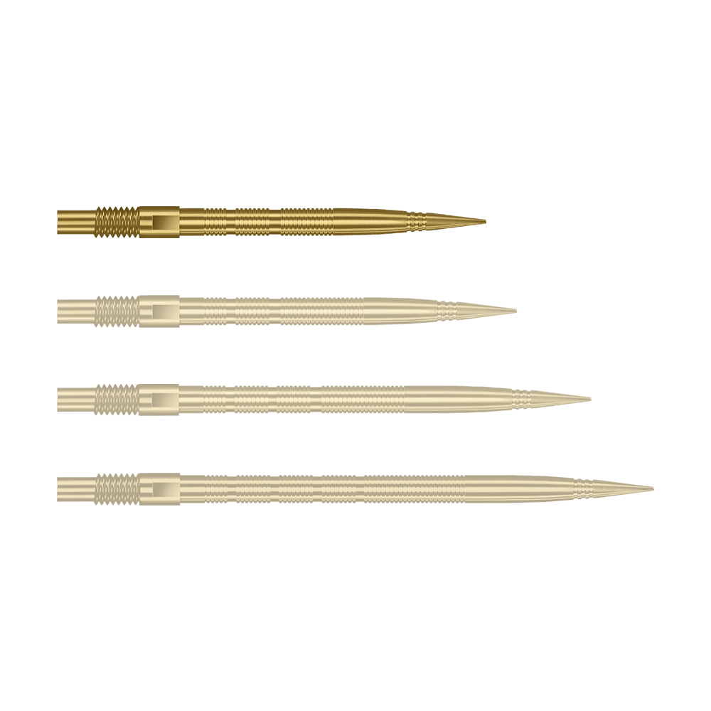 Harrows Quick Point Micro Ridge Dartspitzen - Gold Abgebildet sind goldene MicroRidge Dartspitzen mit einer Länge von 26 mm. Das Produkt ist vermutlich von Harrows, Modell Quick Point.