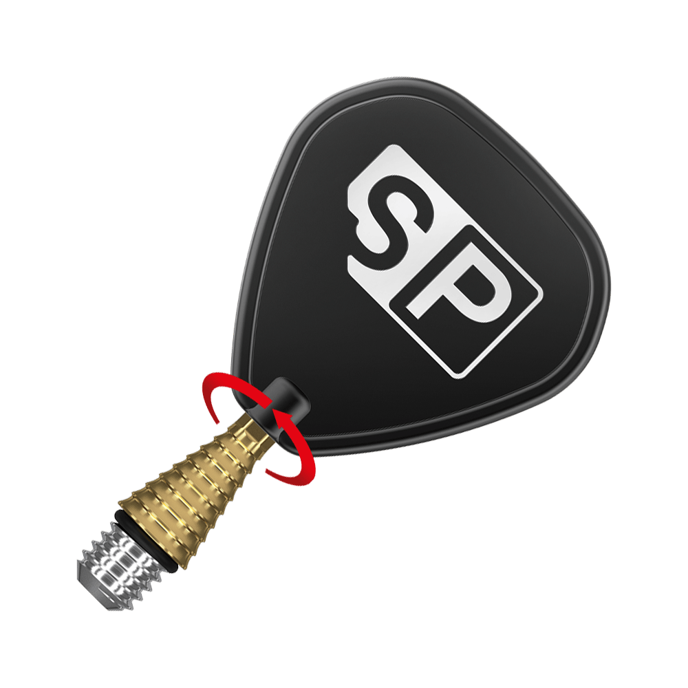 Das Bild zeigt die Target Swiss Point Grooved Conversion Points in Gold. Der goldene Punkt ist an einem Dartpfeil befestigt, der ein schwarzes Flight mit der Aufschrift „SP“ hat.