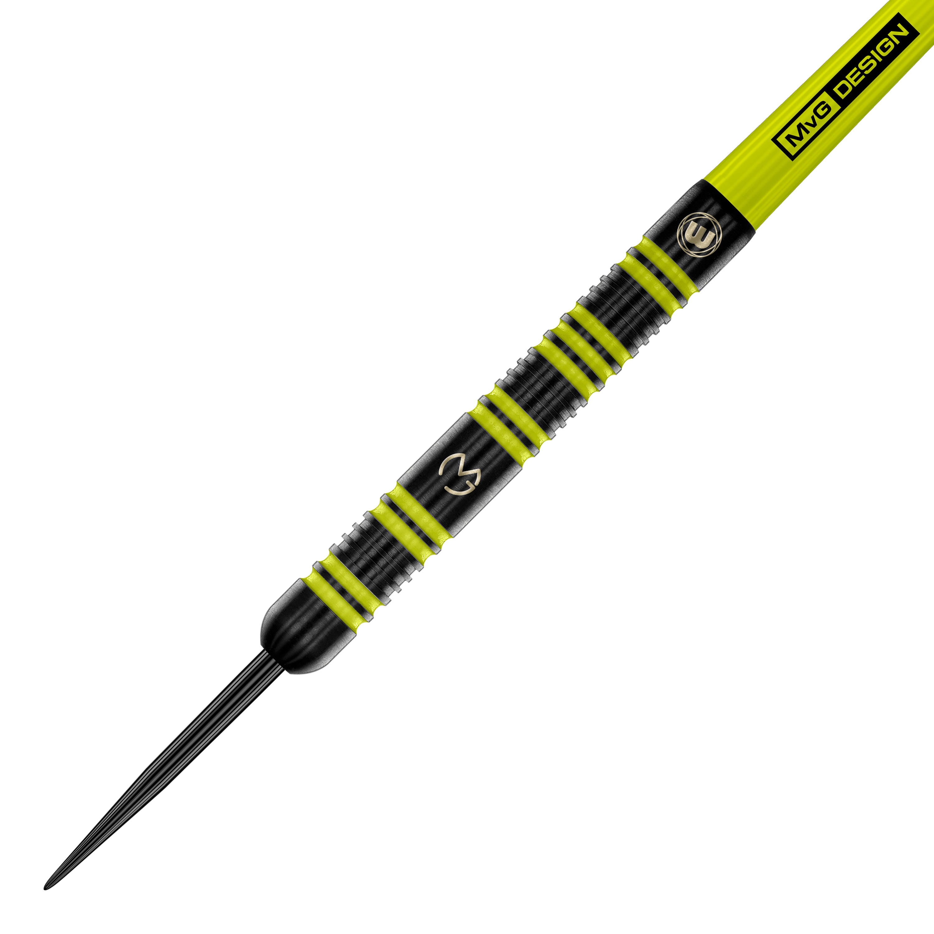Das Bild zeigt einen Winmau Michael Van Gerwen 85 Pro-Series Steeldart. Der Dart ist schwarz mit auffälligen gelb-grünen Ringen und hat das MVG-Logo eingraviert.