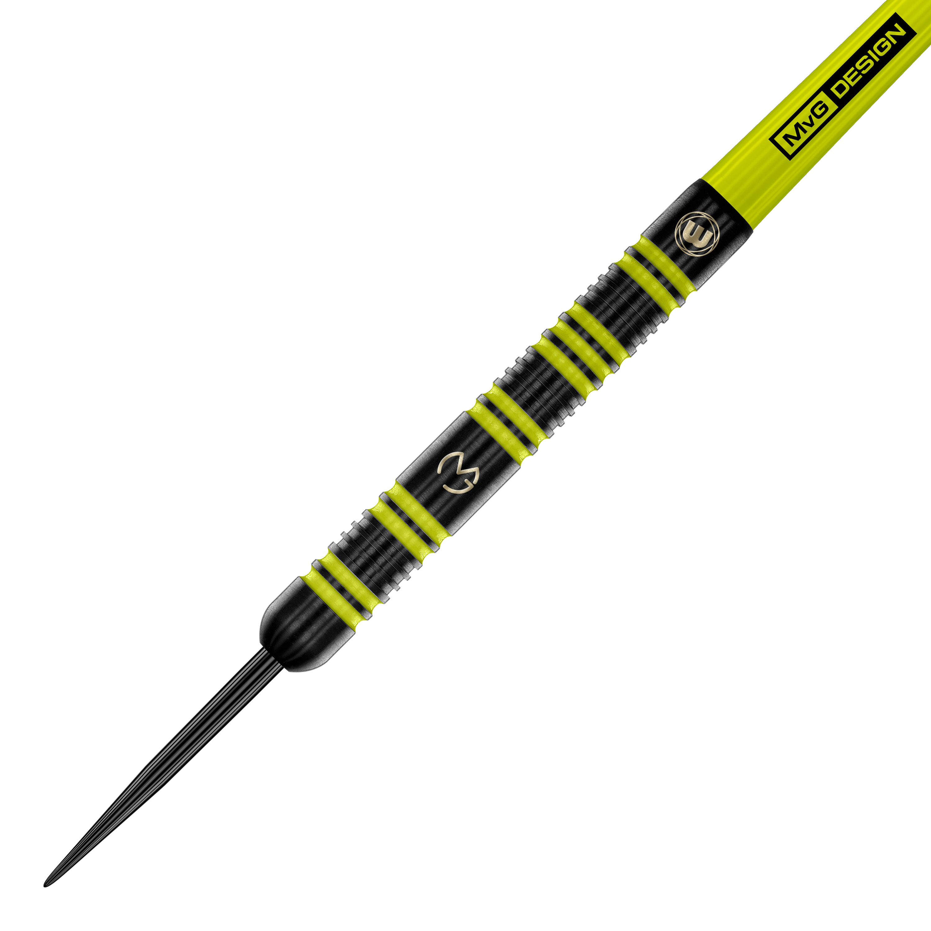 Winmau Michael Van Gerwen 85 Pro-Series Steeldarts Das Bild zeigt einen Winmau Michael Van Gerwen 85 Pro-Series Steeldart. Der Dart ist schwarz mit auffälligen gelb-grünen Ringen und hat das MVG-Logo eingraviert.