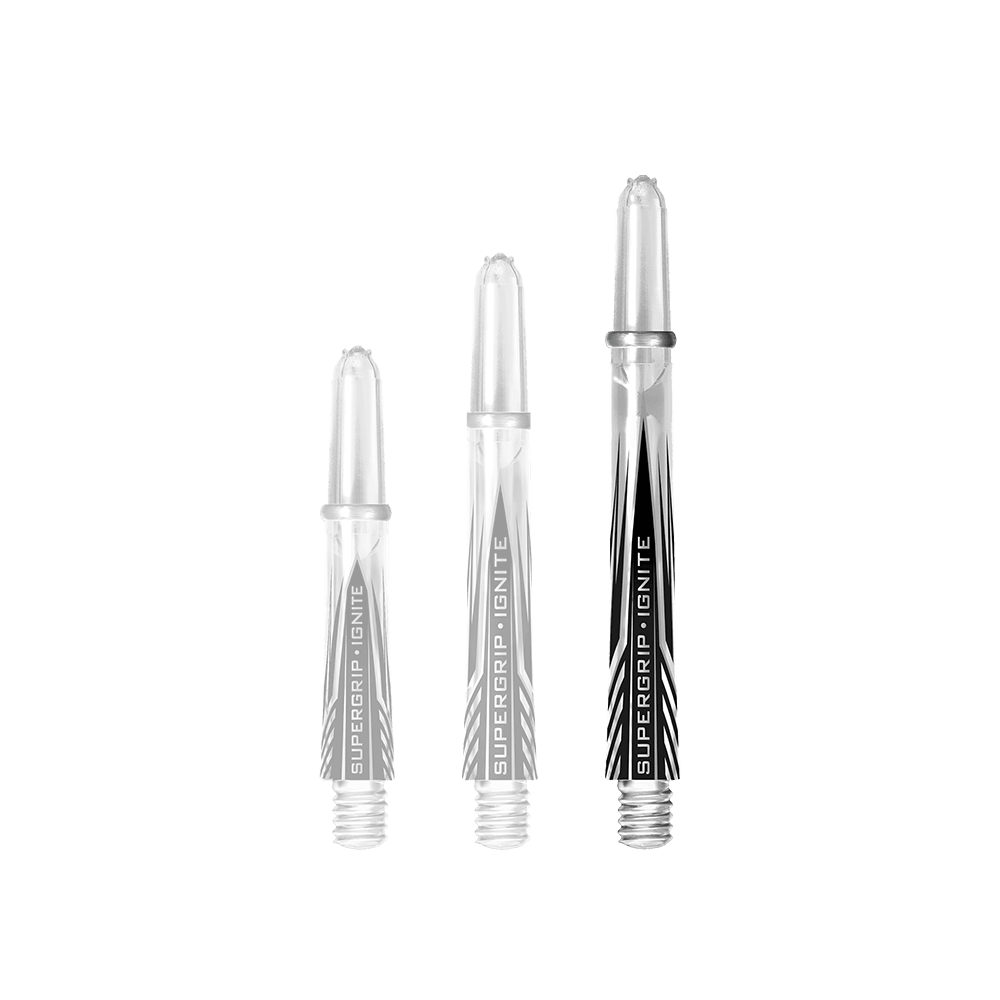 HR394_Harrows_Supergrip_Ignite_Shafts_Clear_47mm_1 Auf dem Bild sind drei klare Harrows Supergrip Ignite Shafts in verschiedenen Längen zu sehen. Sie haben ein durchsichtiges Design mit schwarzem Aufdruck und silbernem Kopf.