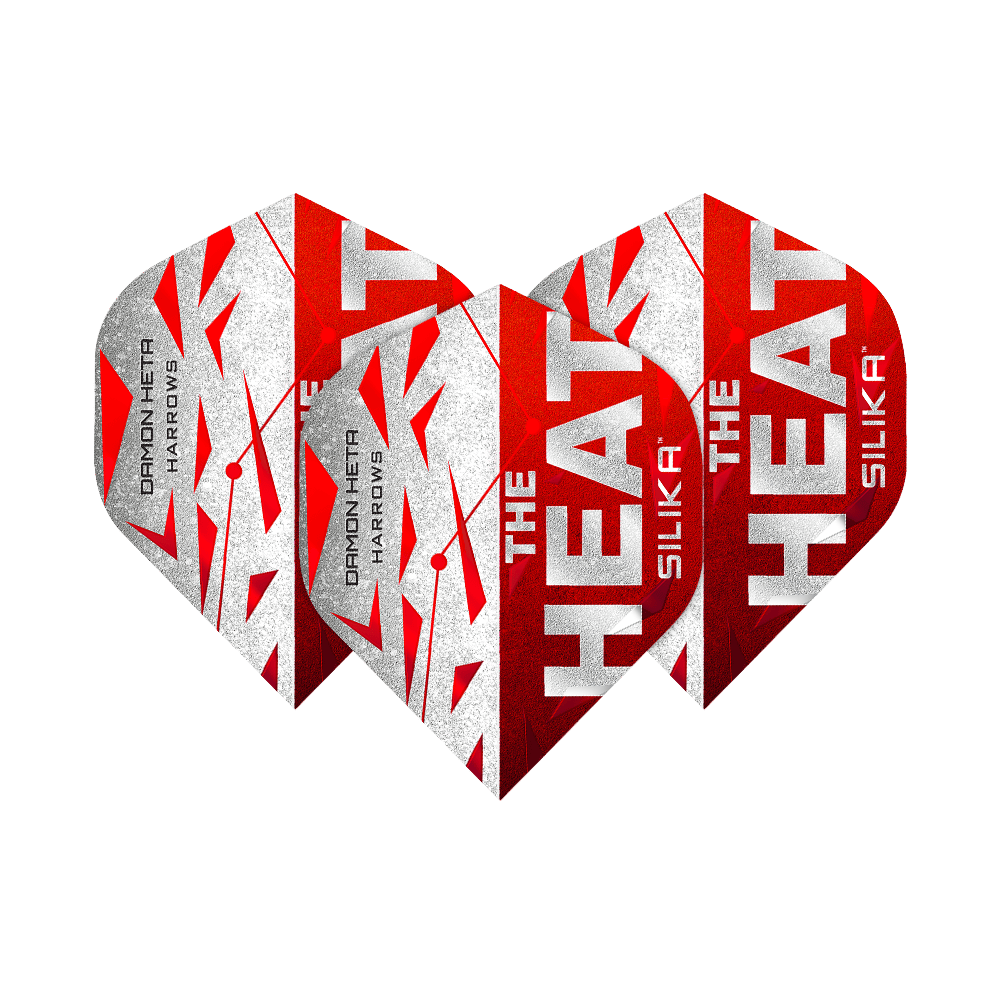 Harrows Silika Damon Heta Series 3 Flights Das Bild zeigt drei Dart-Flights der Serie "Harrows Silika Damon Heta Series 3". Die Flights sind in Rot, Weiß und Silber gestaltet und tragen die Aufschrift "THE HEAT" sowie "SILIKA".