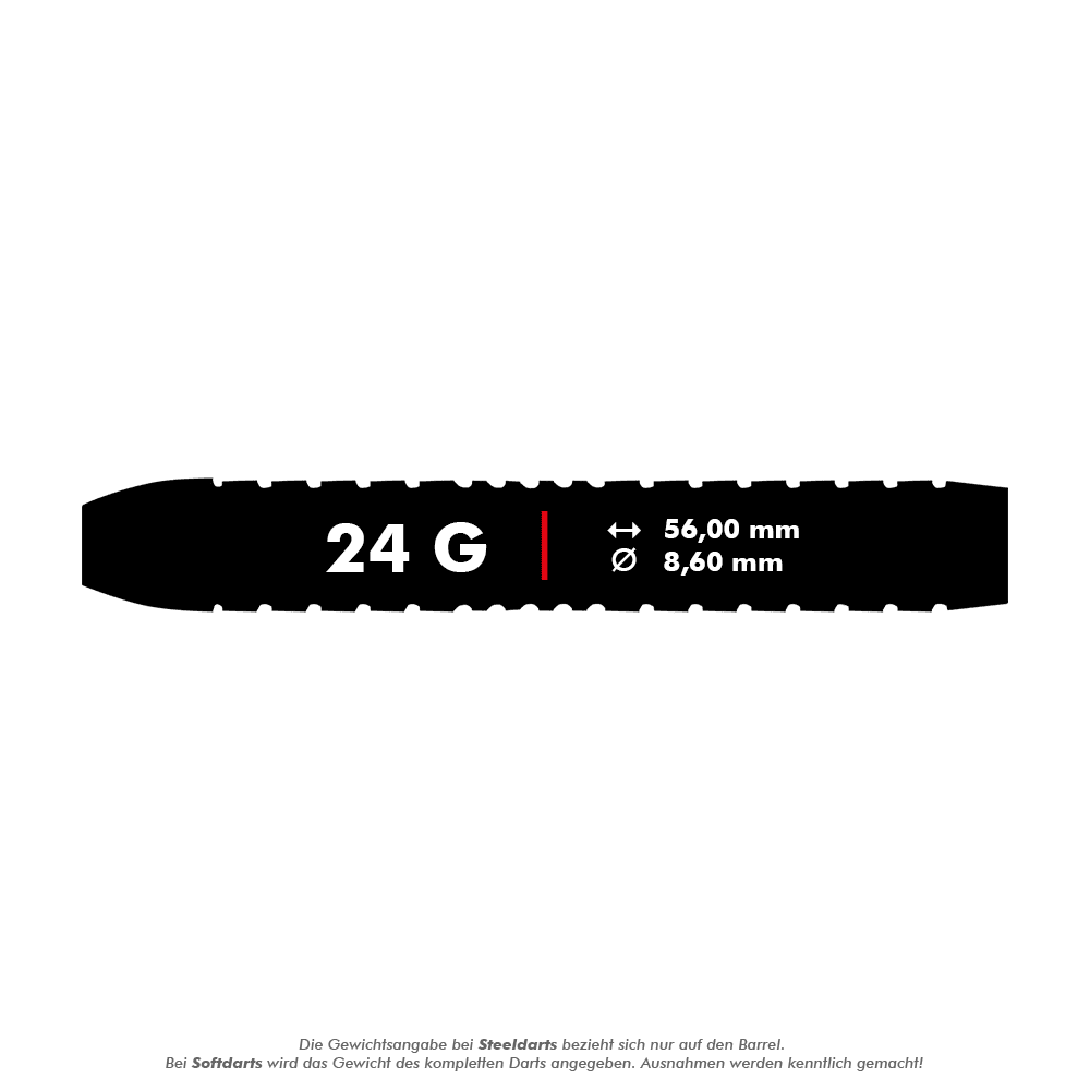 Shot Michael Smith Plated Brass Steeldarts - 24g Das Bild zeigt das Produkt "Shot Michael Smith Plated Brass Steeldarts - 24g". Es sind die Maße 56,00 mm Länge und 8,60 mm Durchmesser sowie das Gewicht von 24 Gramm angegeben.