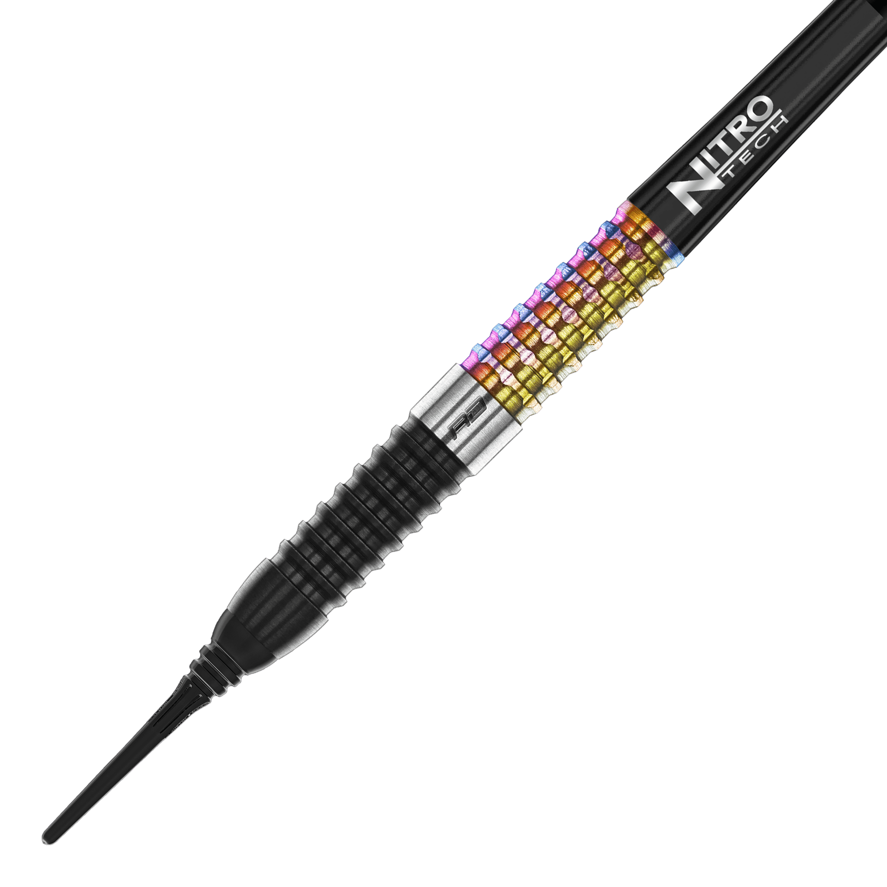 Das Bild zeigt einen Red Dragon Peter Wright Corra Softdart mit 18g Gewicht. Der Dart hat ein farbiges, geriffeltes Griffstück und eine schwarze Spitze.
