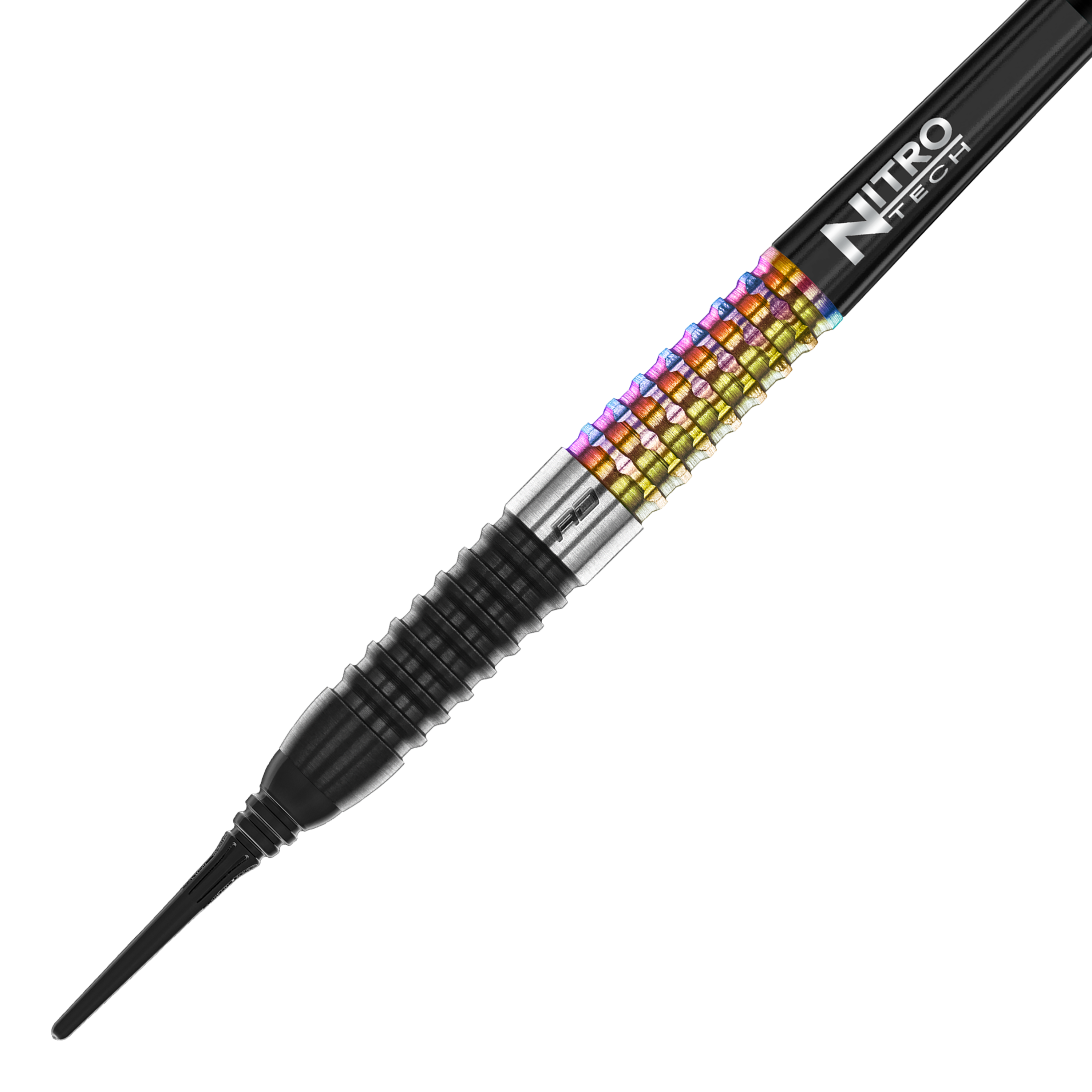 Red Dragon Peter Wright Corra Softdarts - 18g Das Bild zeigt einen Red Dragon Peter Wright Corra Softdart mit 18g Gewicht. Der Dart hat ein farbiges, geriffeltes Griffstück und eine schwarze Spitze.