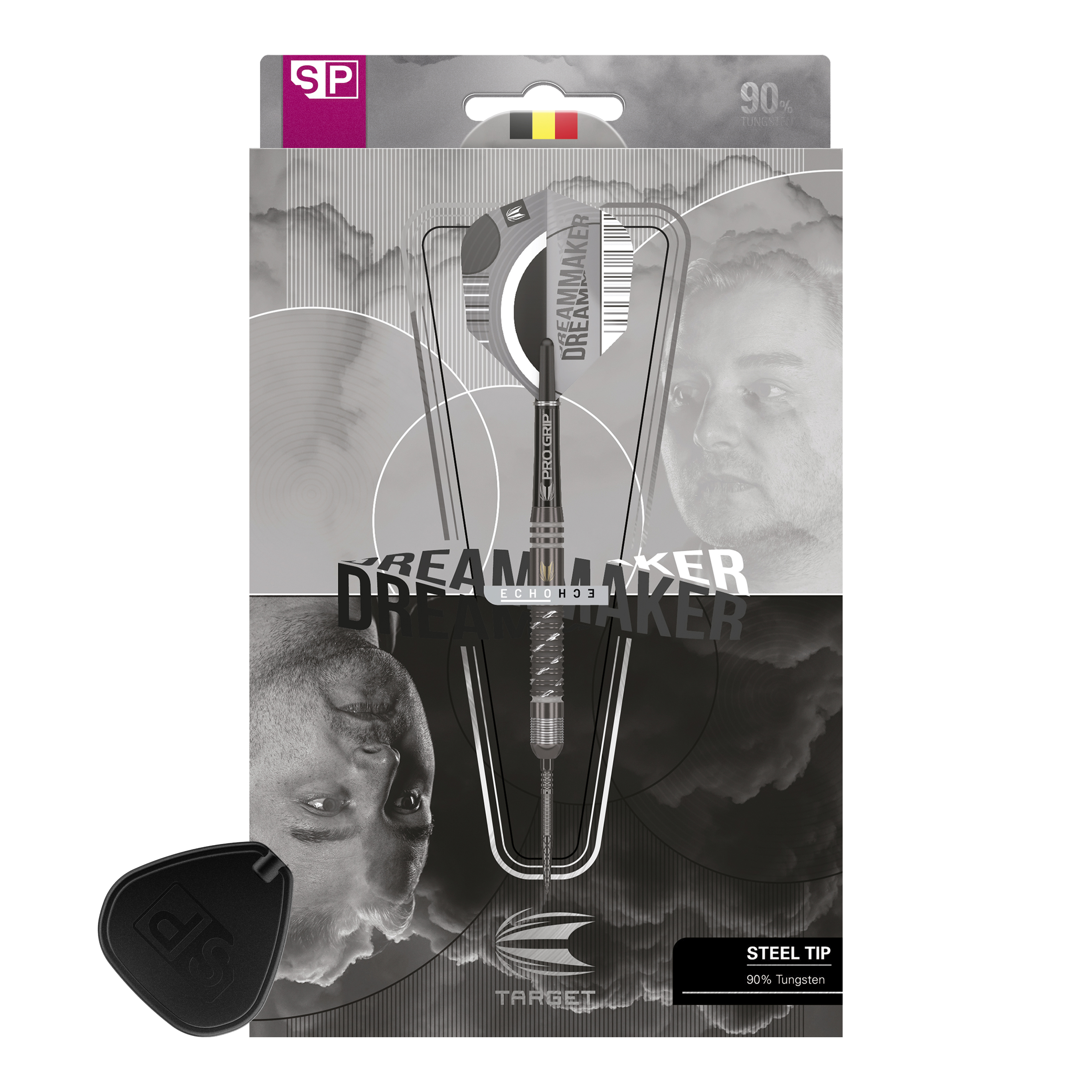 Target Dimitri Van Den Bergh X Echo Swiss Point Steeldarts Das Bild zeigt die Verpackung der "Target Dimitri Van Den Bergh X Echo Swiss Point Steeldarts". Auf der Verpackung sind das Dart-Set sowie Porträts von Dimitri Van Den Bergh abgebildet.