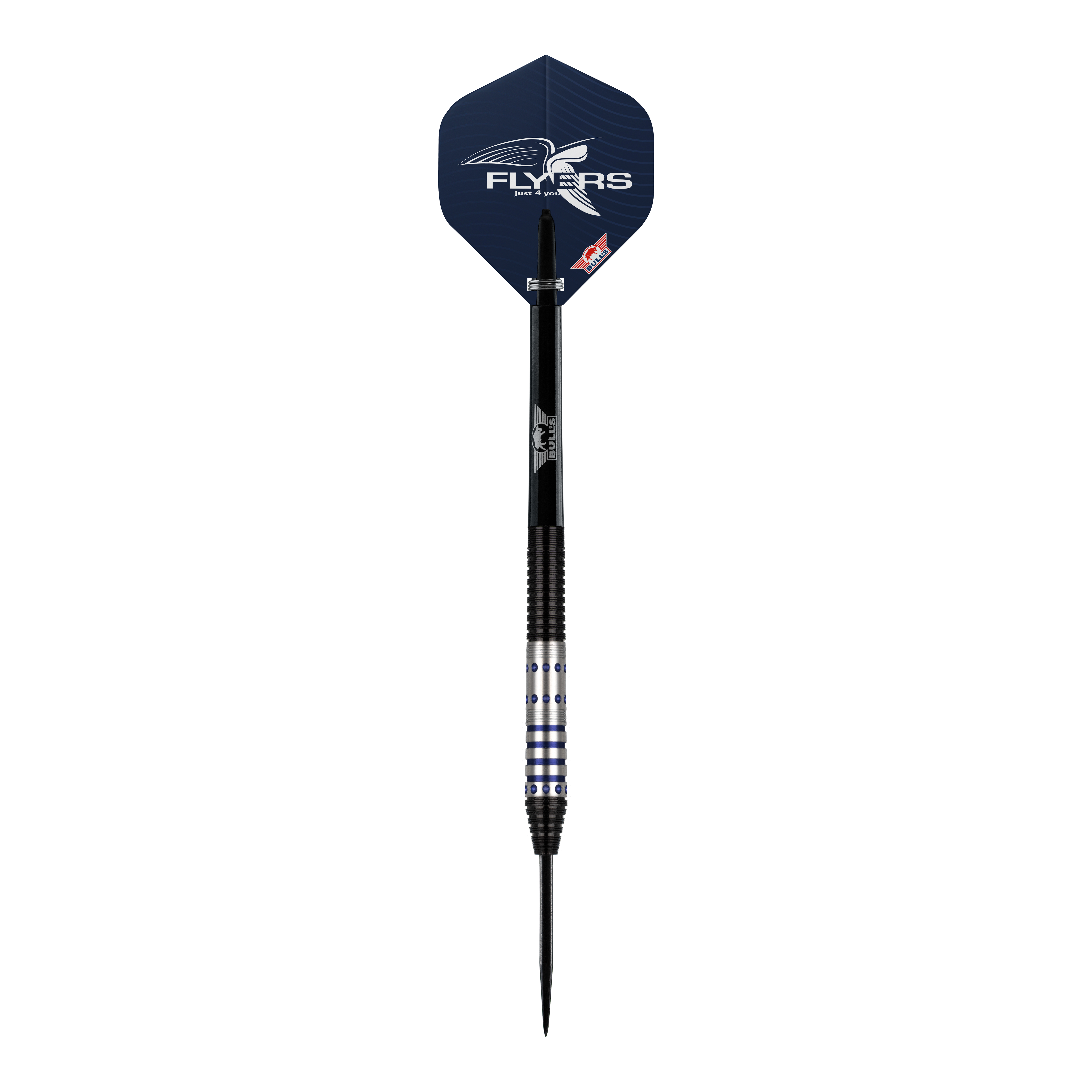Bulls NL Richard Veenstra 90 Steeldarts - 23g Dies ist ein Steeldart aus der Serie "Bulls NL Richard Veenstra 90" mit einem Gewicht von 23 Gramm. Der Dart hat ein silbernes und schwarzes Design mit blauen Akzenten und einem Flight mit "Flyers"-Logo.